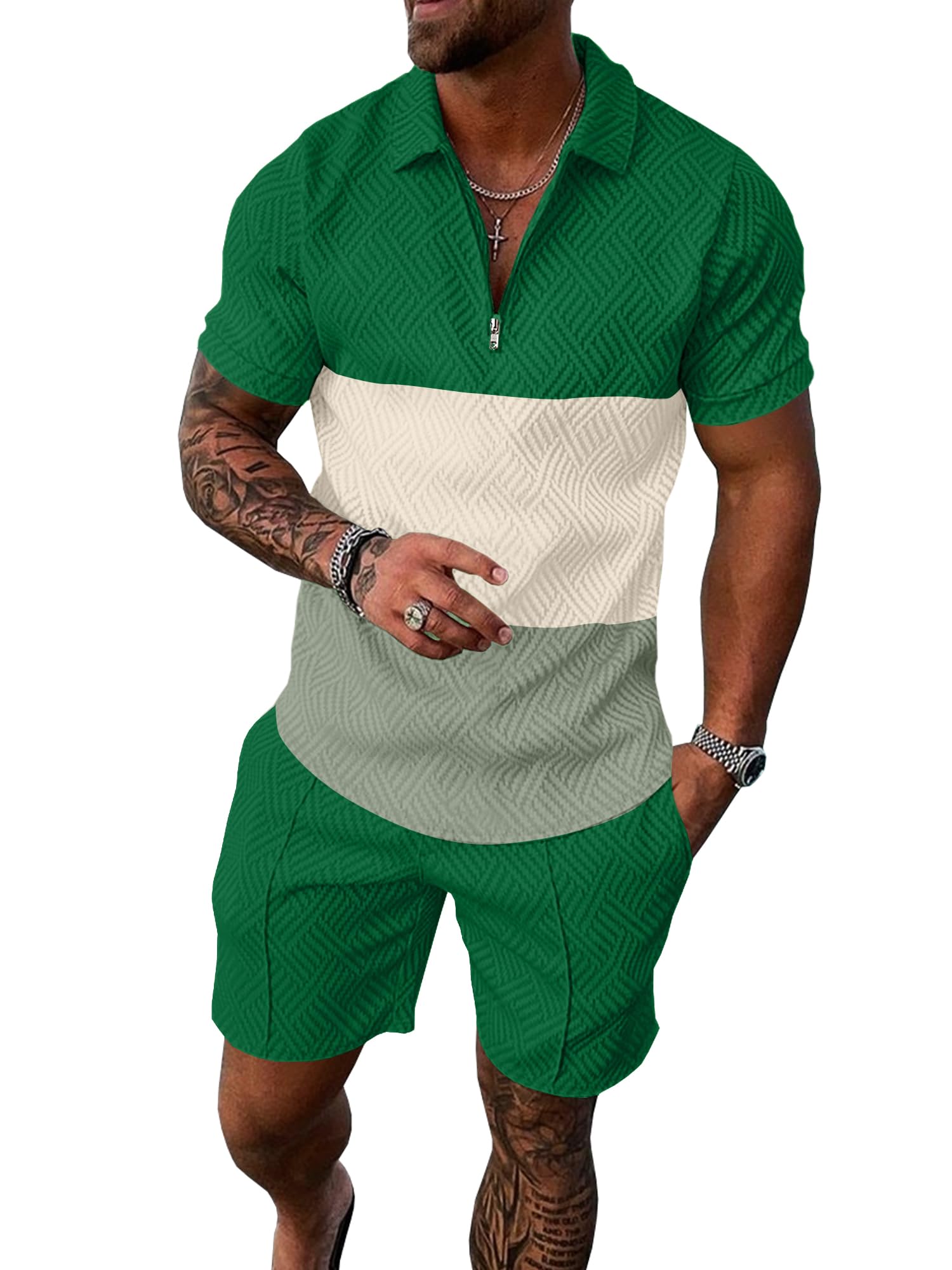 UOUA Mens Summer Track Suits 2 Piece Shorts Sets Short Sleeve Sweatsuit Outfits 1/4 Zip Golf Polo Splicing Striped Shirts