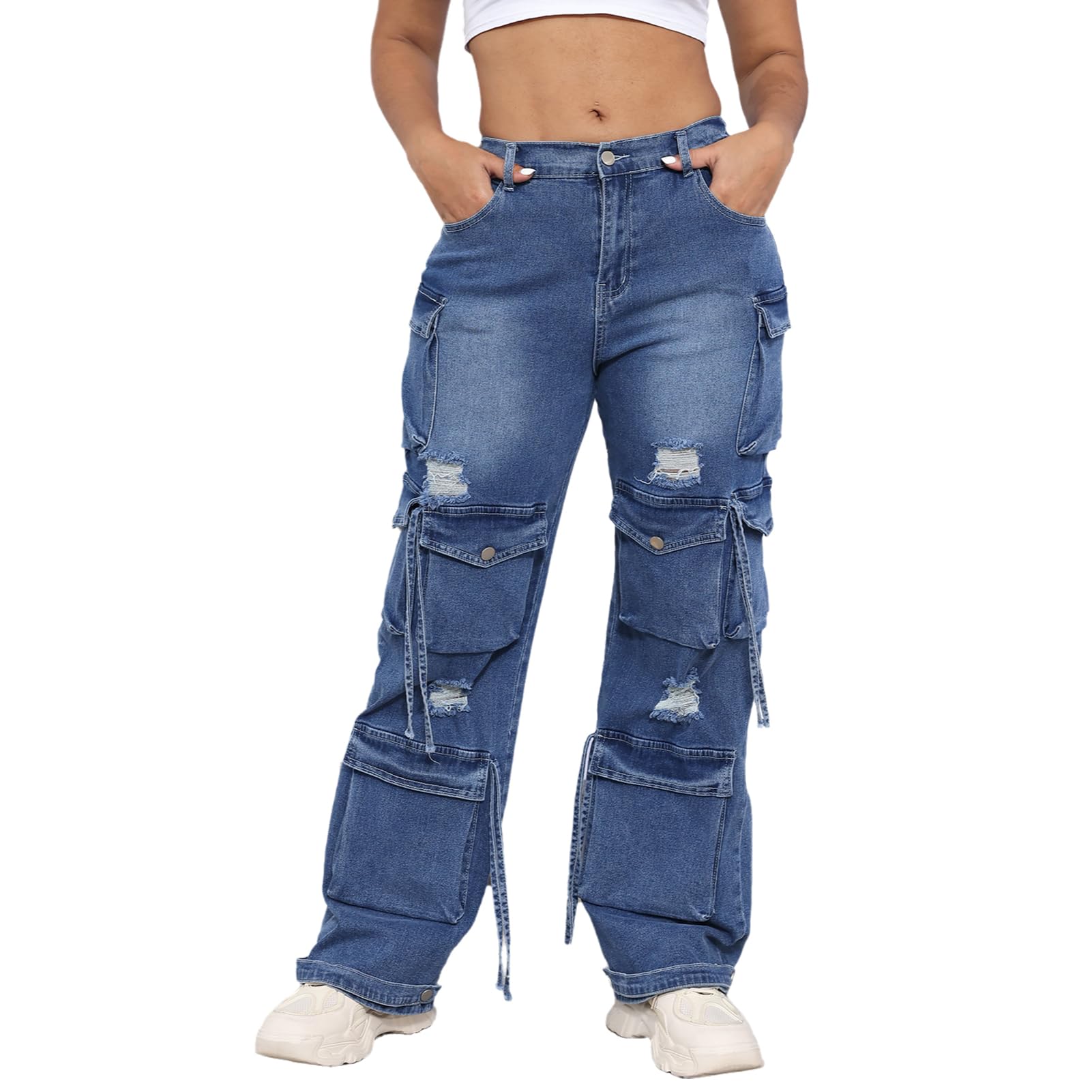 ThusFar Women's High Waist Baggy Jeans Flap Pocket Cargo Pants Loose Denim Pants Streetwear