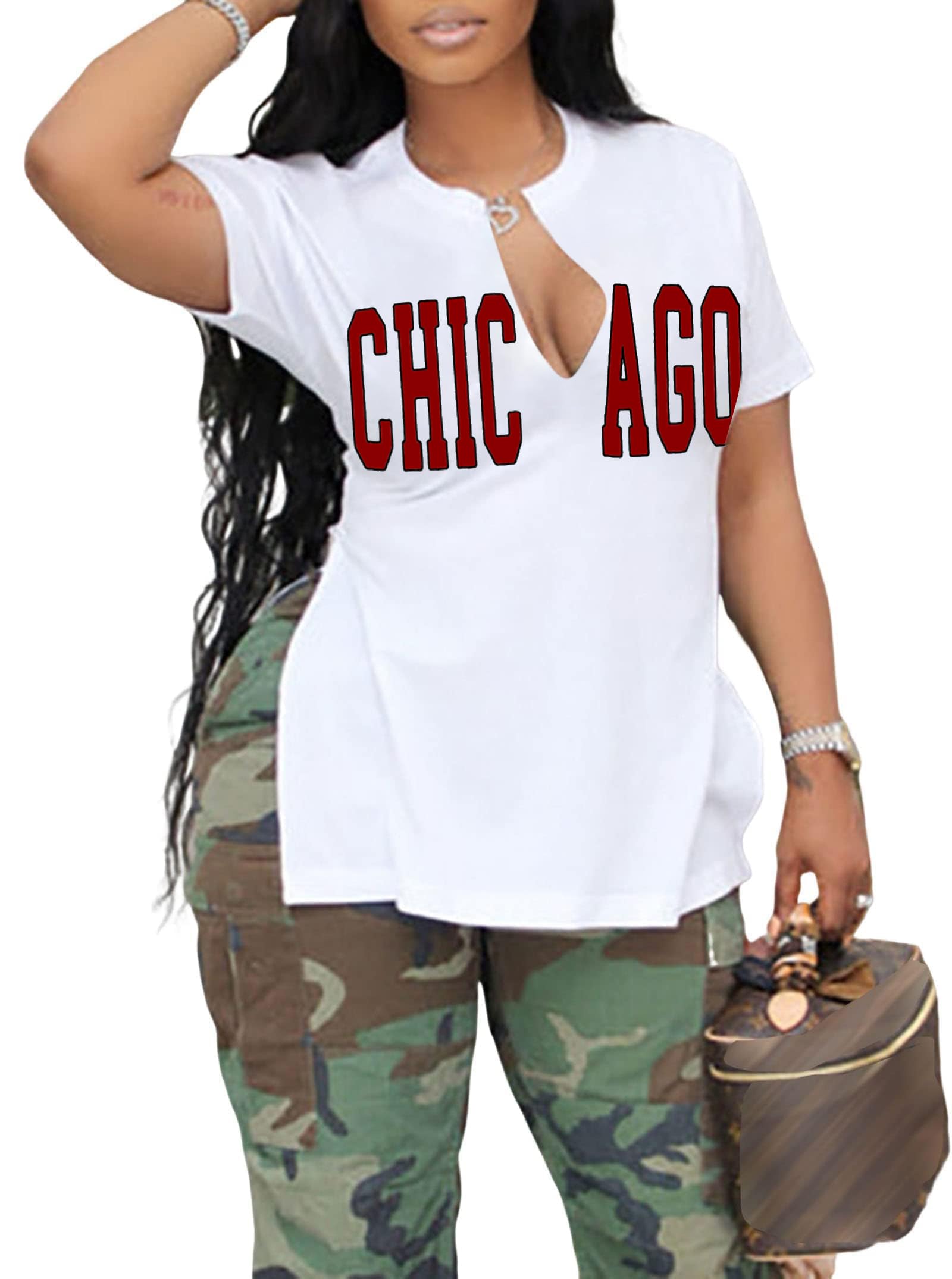LovelyWholesale Womens Graphic Tees Sexy V Neck T Shirts Short Sleeve Side Slit Summer Tops