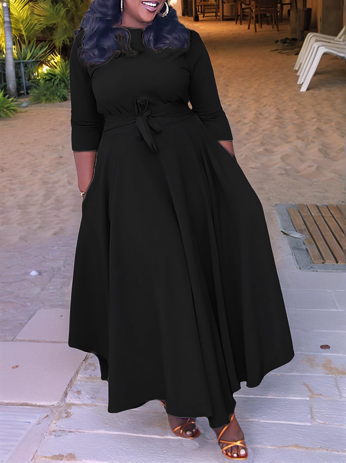 Baczoe Plus Size Dress for Curvy Women Stretch Self Tie A-Line Maxi Dress with Pockets Swing Long Outfit