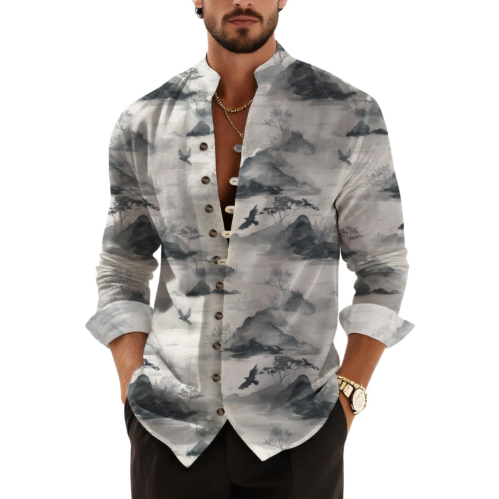 DMOYALA Men’s Hawaiian Button Down Shirts 2025 Fall Casual Long Sleeve Shirts Baggy Henley Neck Beach Vacation Outfits