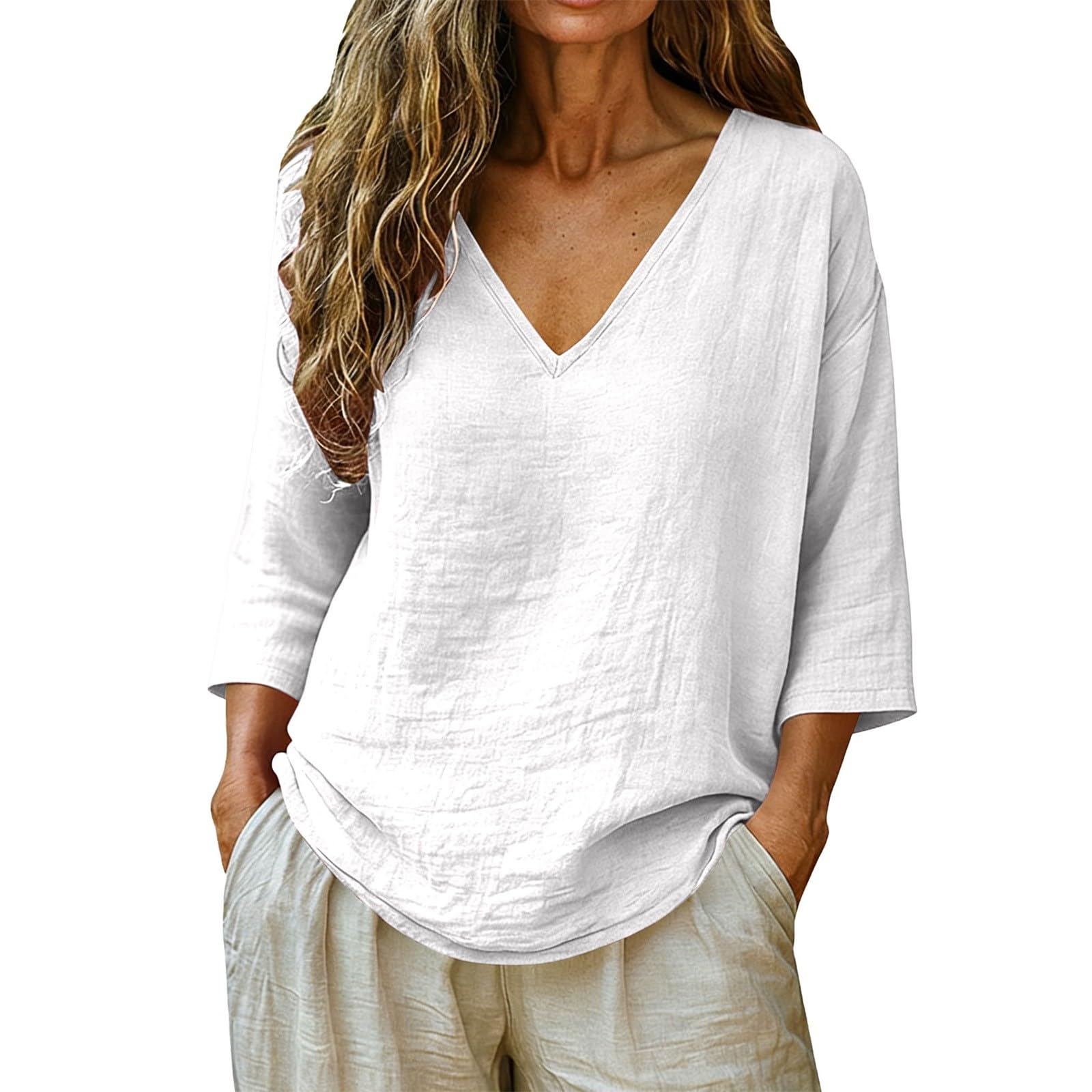 Linen Shirt Women 3/4 Sleeve Summer Casual V Neck Spring Tops Tunic Blouses Loose Fit Cotton Trendy Beach Vacation Clothes