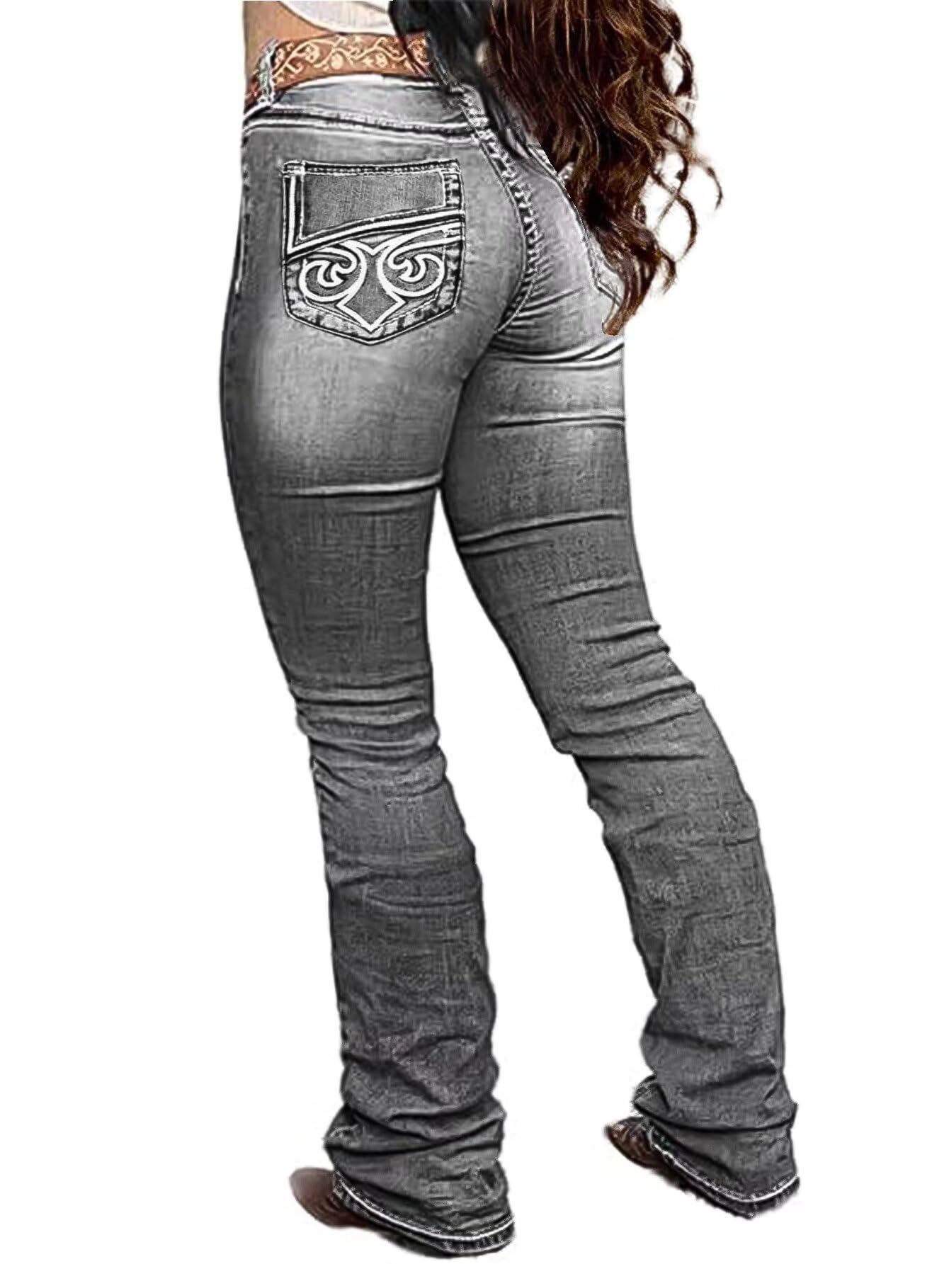 Flamingals Boot Cut Jeans for Women Trendy Stretch Jeans Butt Lifting Tummy Control Denim Pants Sea Blue 2XL