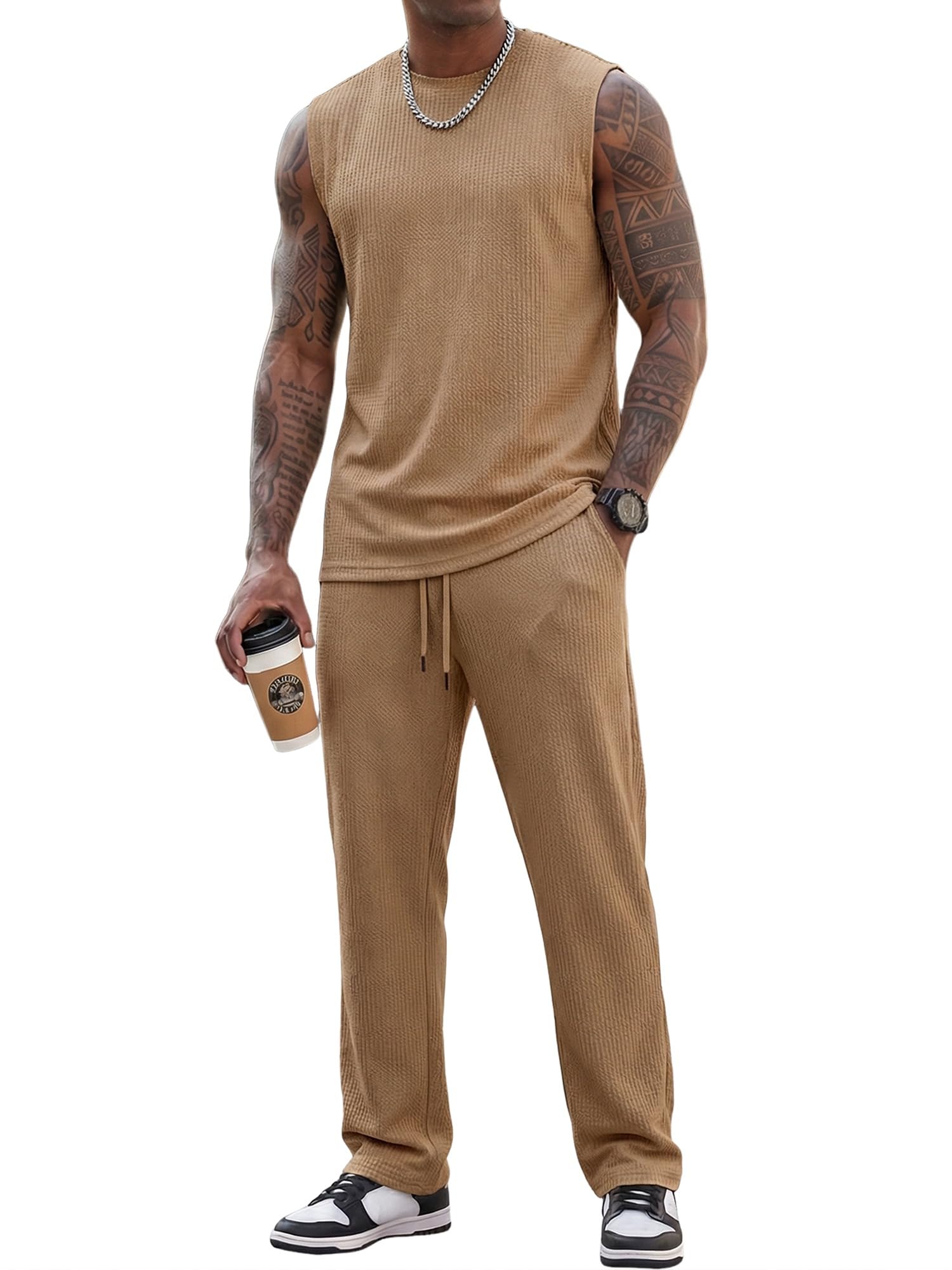 JMIERR Men Fashion 2 Piece Set Casual Muscle Tank Baggy Pants Stretch Textured Beach Street HipHop Sleeveless Shirts