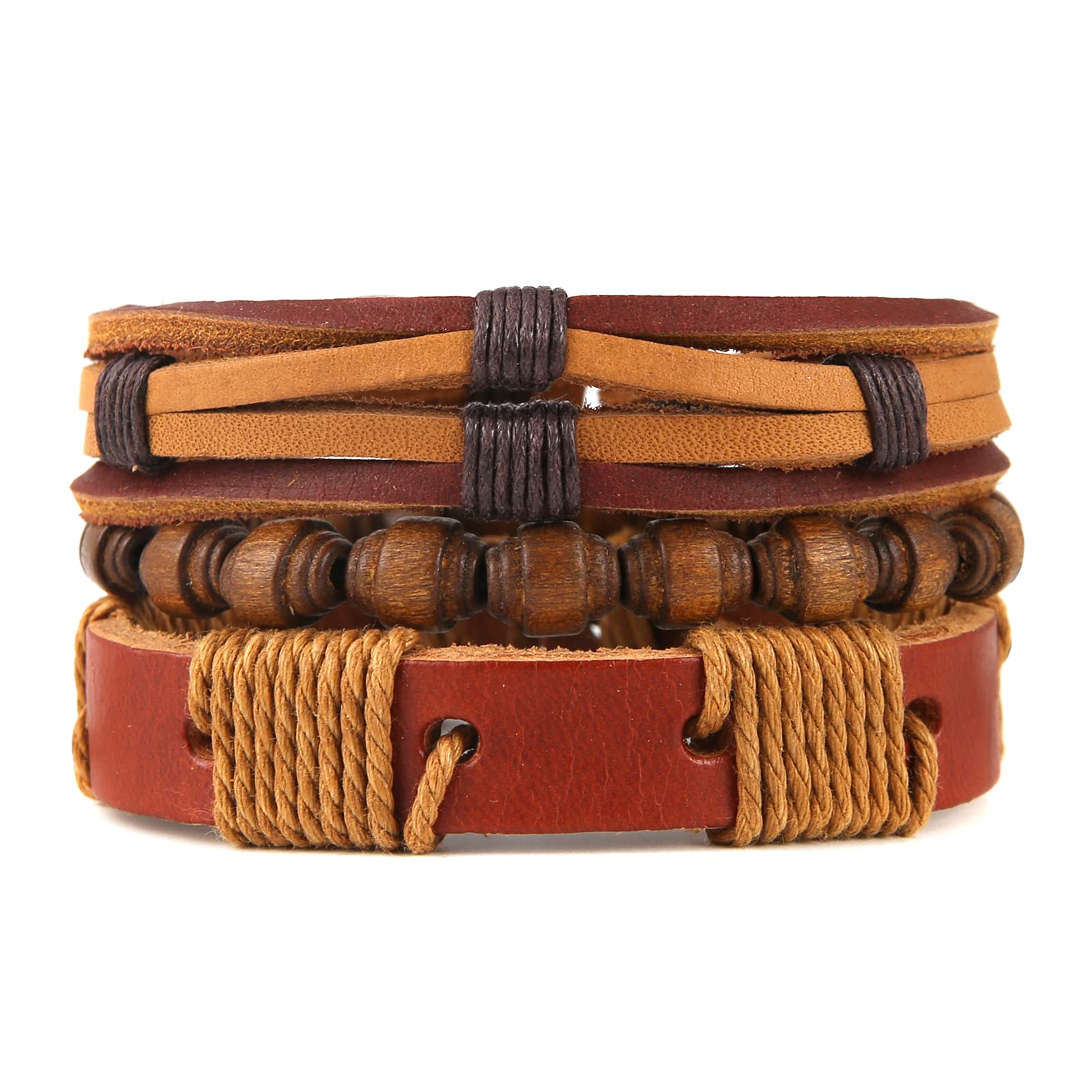 HZMAN Wrap Bracelets Men Women, Hemp Cords Wood Beads Ethnic Tribal Bracelets, Leather Wristbands