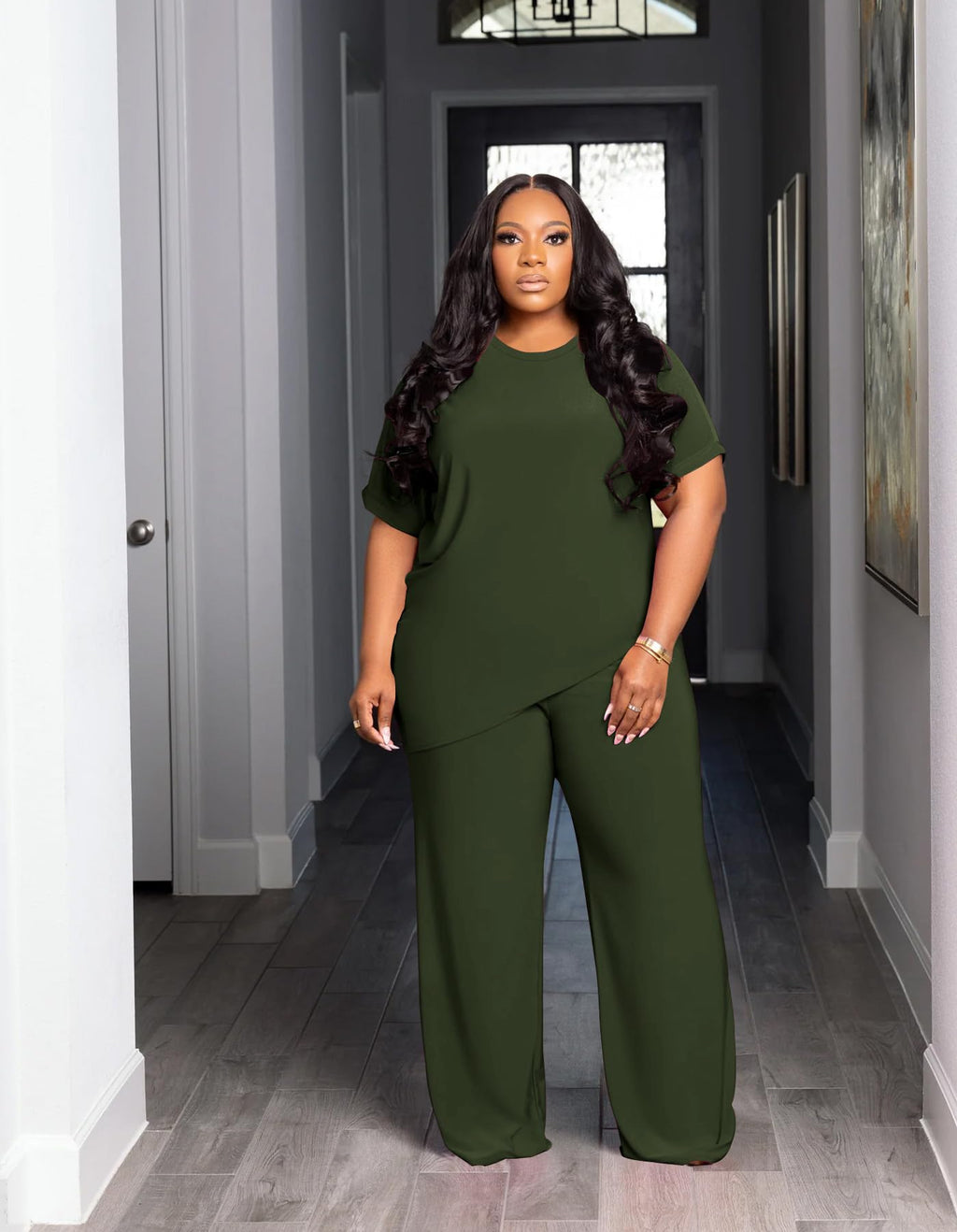 Tycorwd Women's Plus Size Two Piece Outfits Sweatsuits Sets Casual Short Sleeve Tops Loose Wide Leg Pants Tracksuit Sets