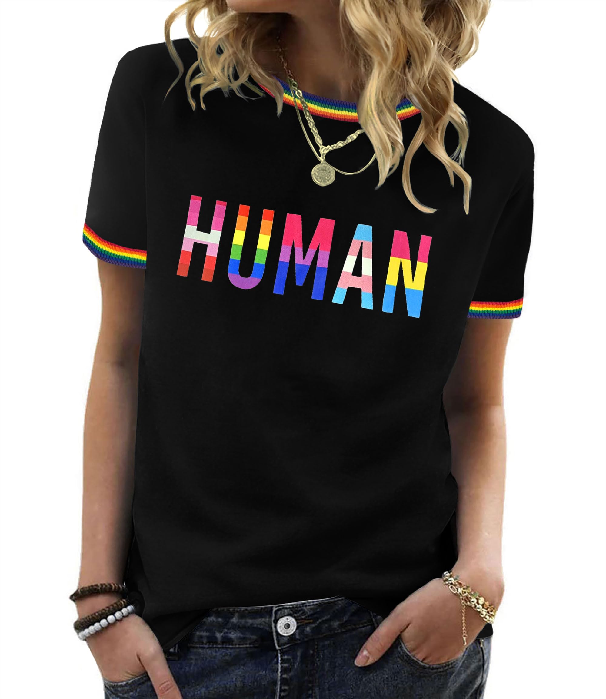 YZMI Pride Shirts for Women Pride Month Rainbow Graphic T-Shirt LGBTQ Support Red Ringer Tee