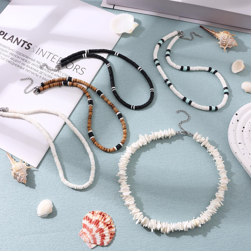 FIRAZIO 5pcs Puka Shell Necklace - Summer Beach Surfer & Hawaiian Necklace for Men & Women - White Beach Jewelry