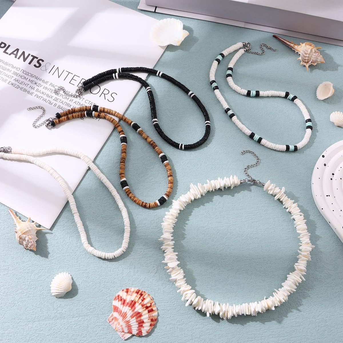 FIRAZIO 5pcs Puka Shell Necklace - Summer Beach Surfer & Hawaiian Necklace for Men & Women - White Beach Jewelry