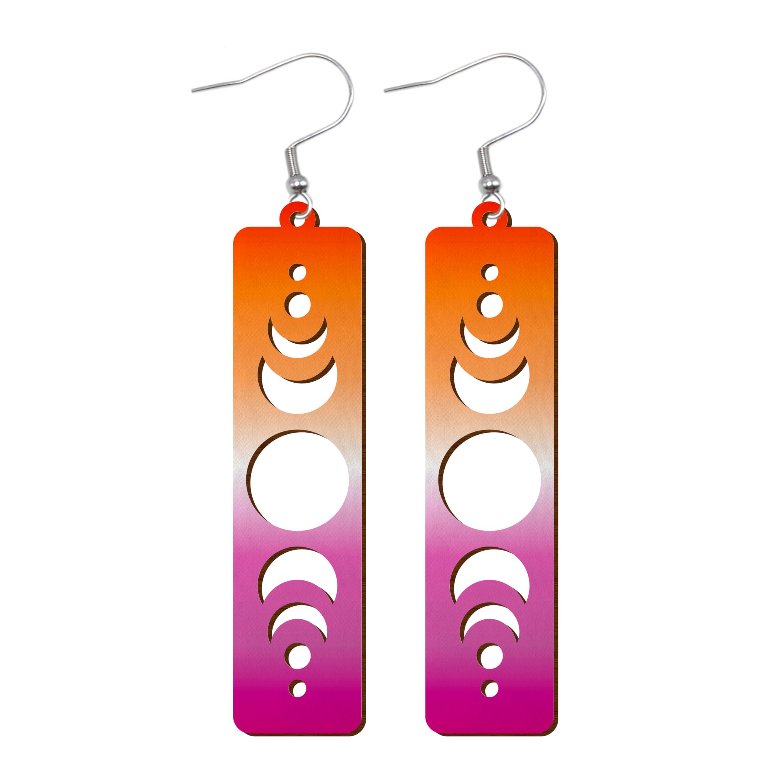 LGBTQIA+ Wooden Moon Phase Earrings, Pride Flag Dangle Earrings for LGBTQ Community, Rainbow Jewelry Gift for Gay, Lesbian, and All Identities