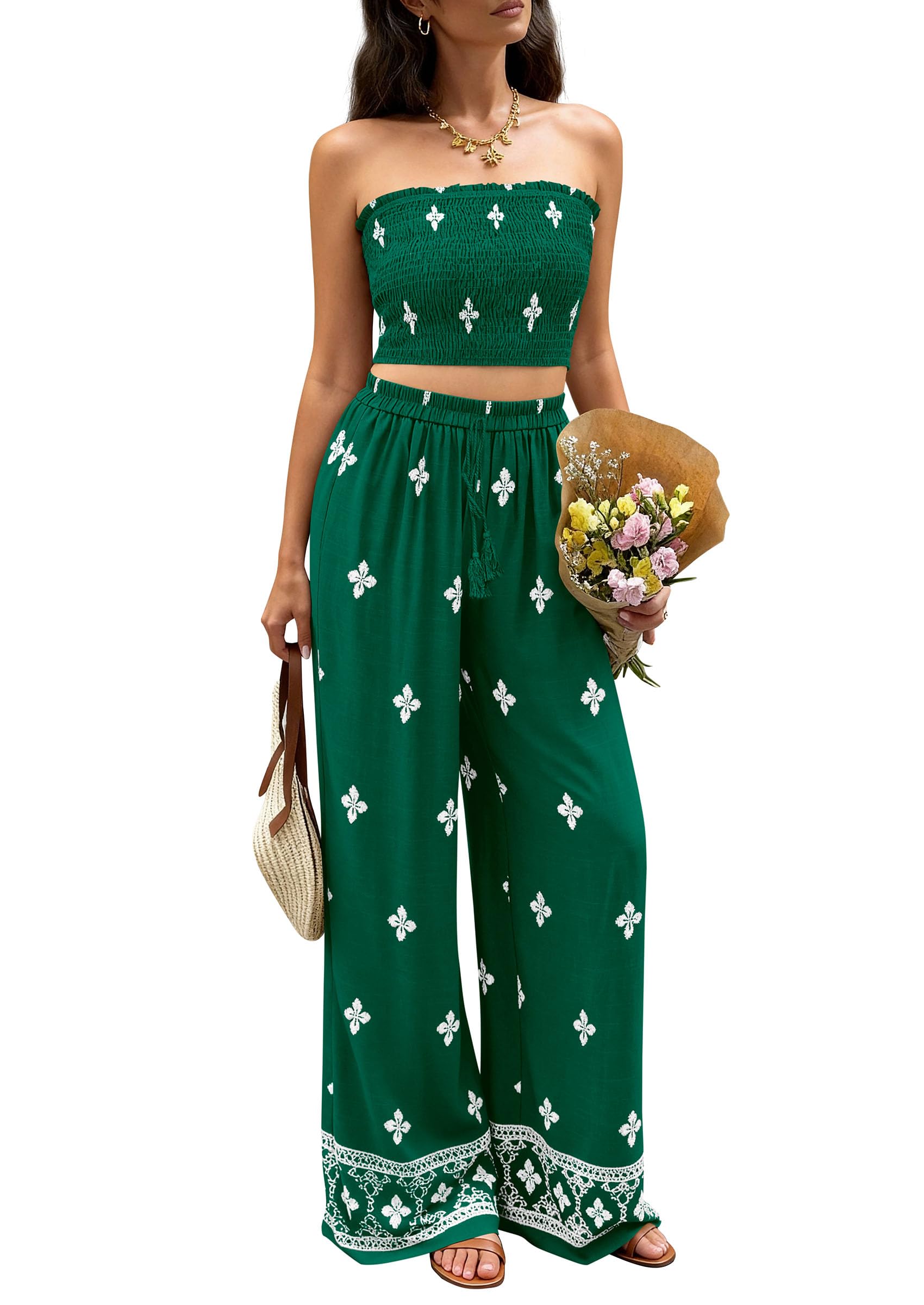 PRETTYGARDEN 2 Piece Sets for Women Summer 2026 Fashion Clothing Boho Tube Tops Wide Leg Pants Cruise Beach Vacation Outfits