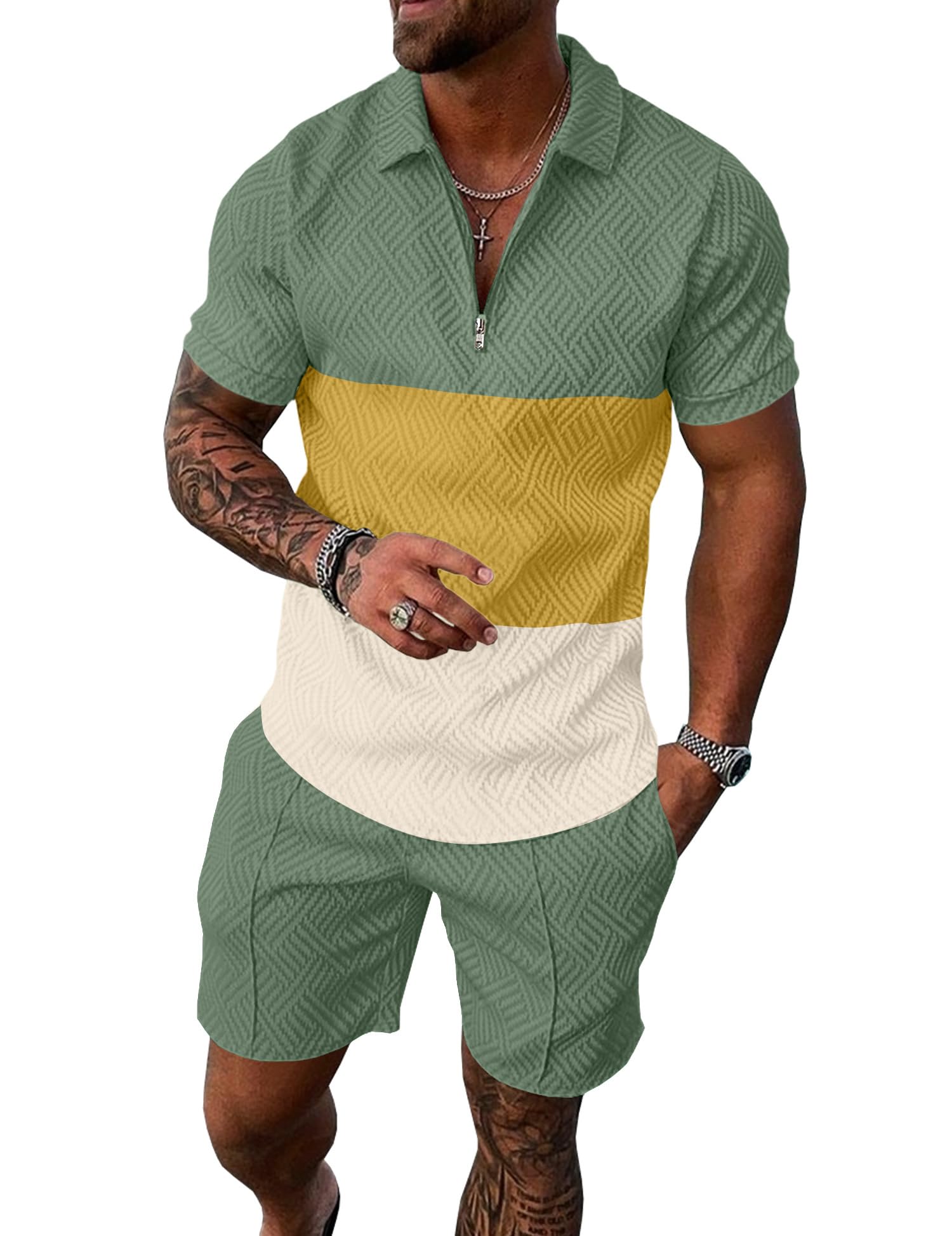 UOUA Mens Summer Track Suits 2 Piece Shorts Sets Short Sleeve Sweatsuit Outfits 1/4 Zip Golf Polo Splicing Striped Shirts