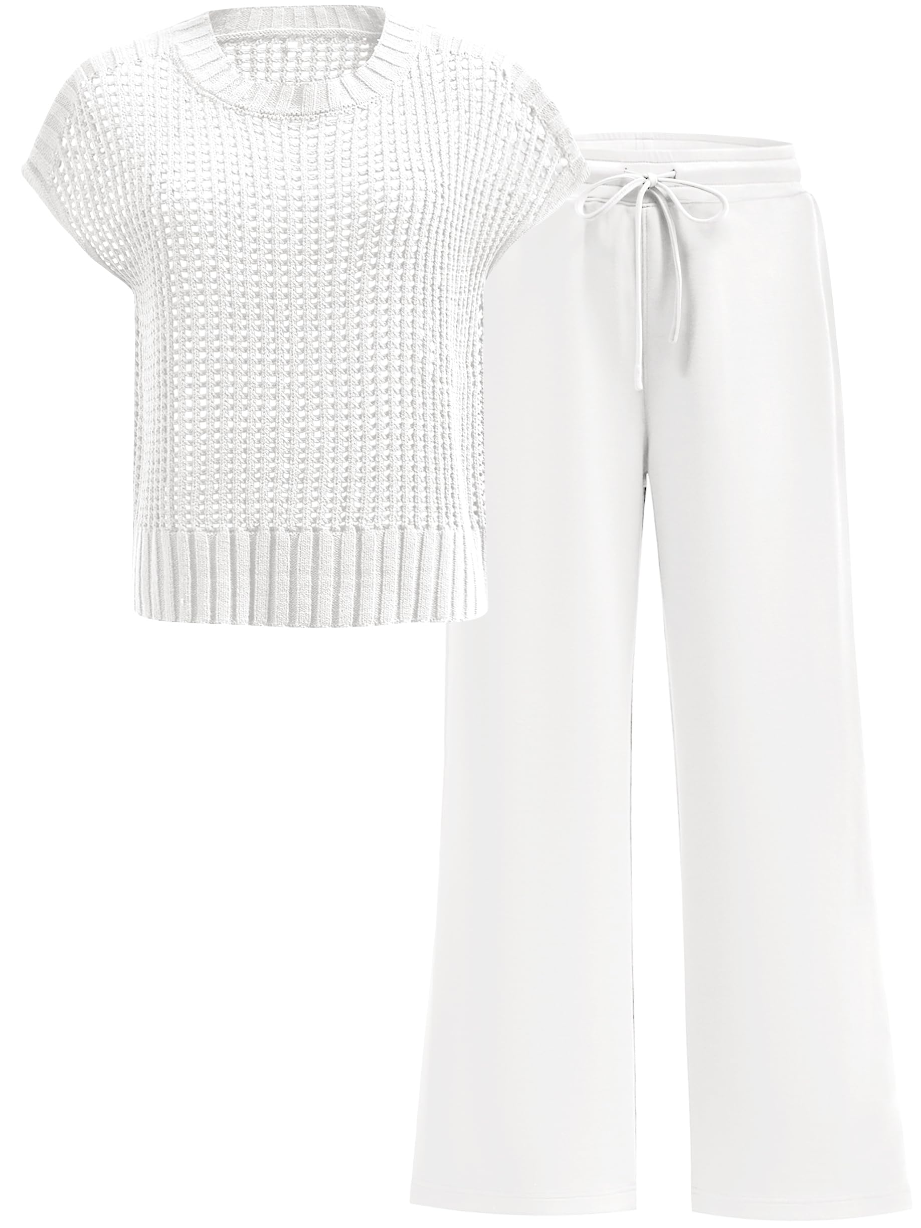 ANRABESS Women Two Piece Outfits Crochet Sheer Knit Sweater Top Wide Leg Pants Lounge Matching Sets Sweatsuit Travel Clothes