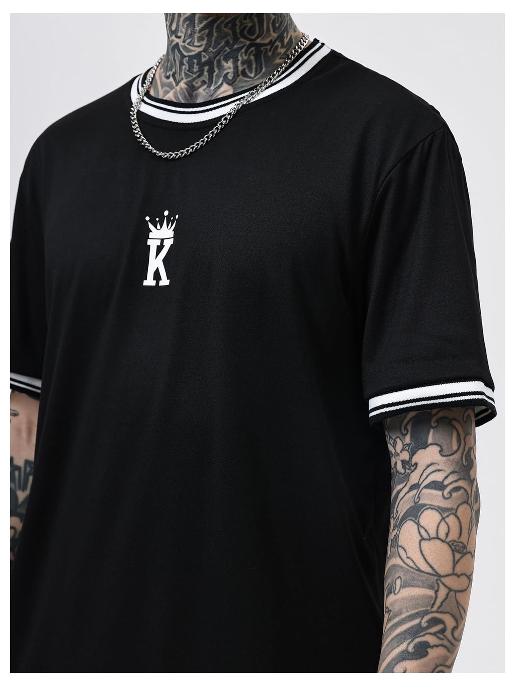 SOLY HUX Men's Crown Letter Print Striped Trim Tee Tops Short Sleeve Crew Neck Summer T Shirt