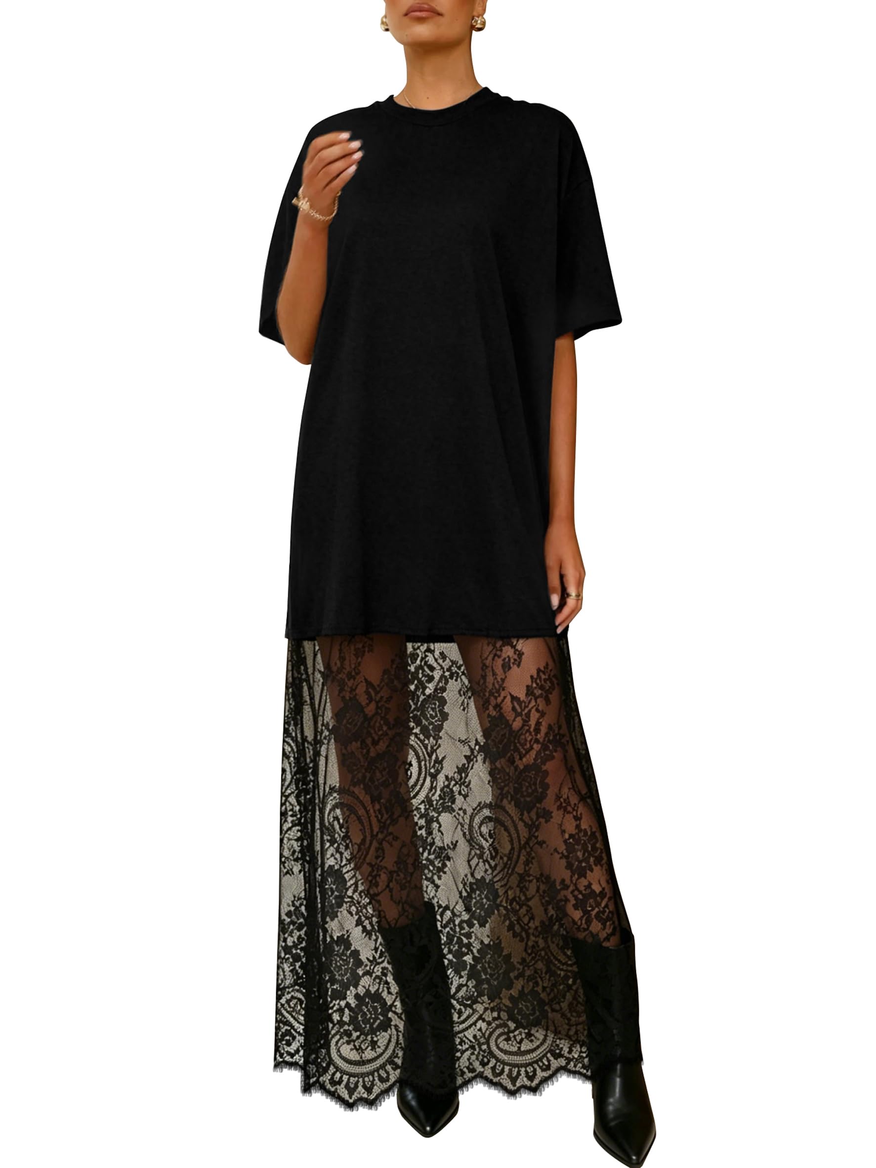 miduo Womens Summer Short Sleeve Crewneck Lace Patchwork Maxi Dress Casual Long Dresses