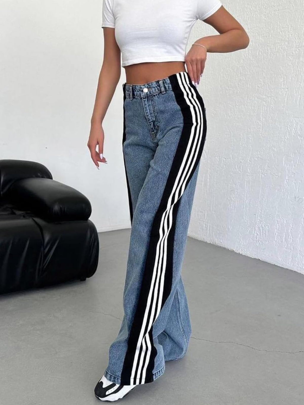 Angsuttc Womens Jeans with Patchwork Stripes High Waisted Stretchy Denim Color Block Straight Wide Leg Trendy Jean