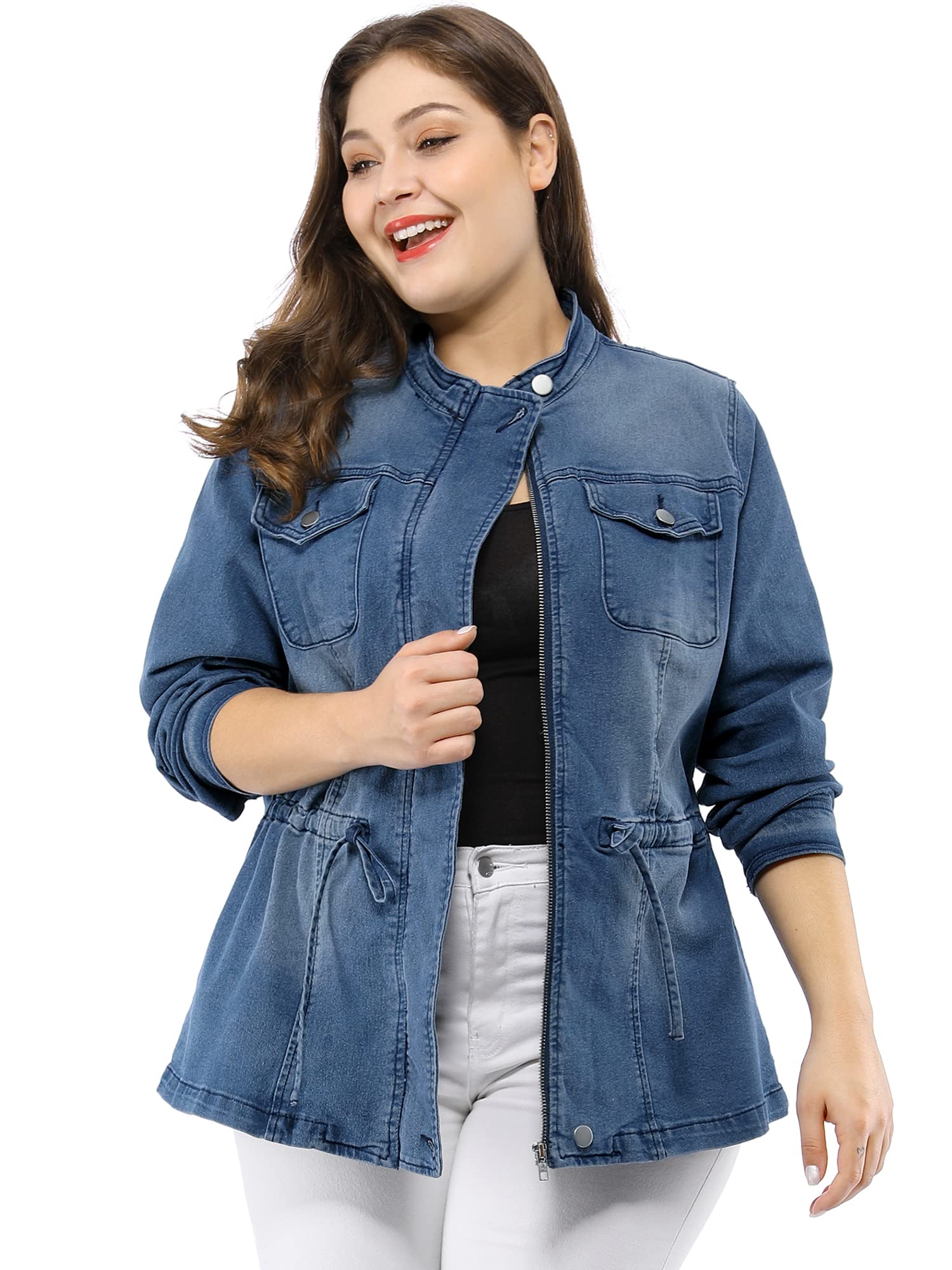 Agnes Orinda Women's Plus Size Denim Jacket Stretch Stand Collar Zip Drawstring Jean Jackets 2024