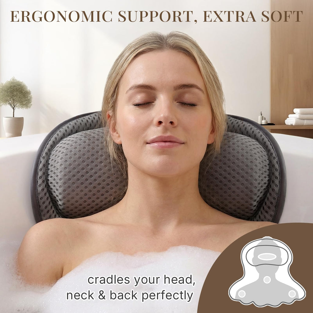 Bath Pillow Bathtub Pillow, Luxury Bath Pillows for Tub Neck and Back Support, Bath Tub Pillow Headrest with Soft 4D Mesh Fabric and Non-Slip Suction Cups, Relaxing Bath Accessories Spa Gifts