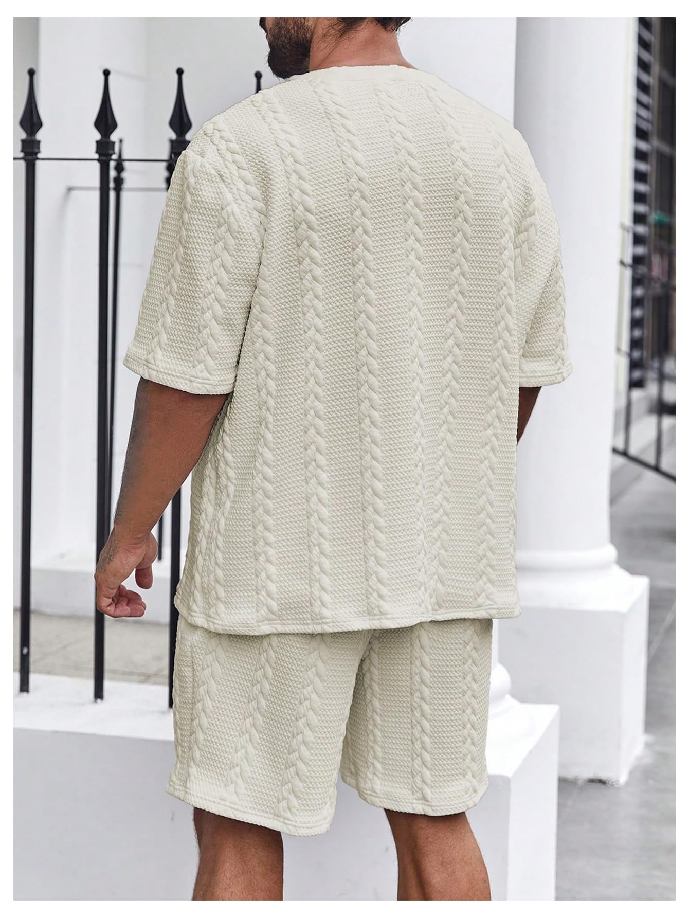 GORGLITTER Men's Big and Tall Vacation Beach Outfits Cable Knit Short Sleeve T Shirt Shorts Set
