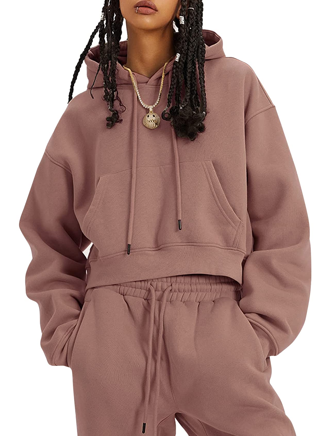 Flygo Womens Fleece 2 Piece Outfits Sweatsuit Crop Pullover Sweatshirt Joggers Pants Tracksuit Set