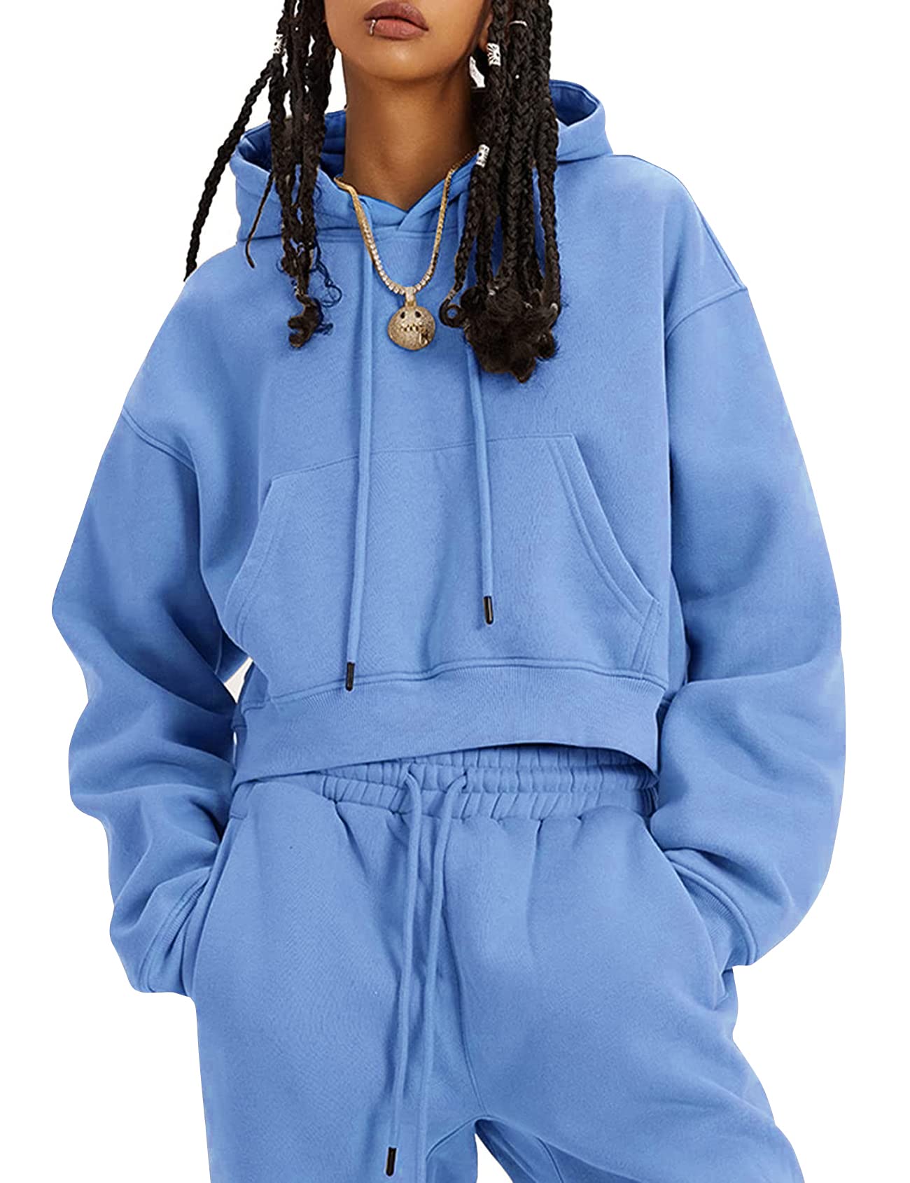 Flygo Womens Fleece 2 Piece Outfits Sweatsuit Crop Pullover Sweatshirt Joggers Pants Tracksuit Set