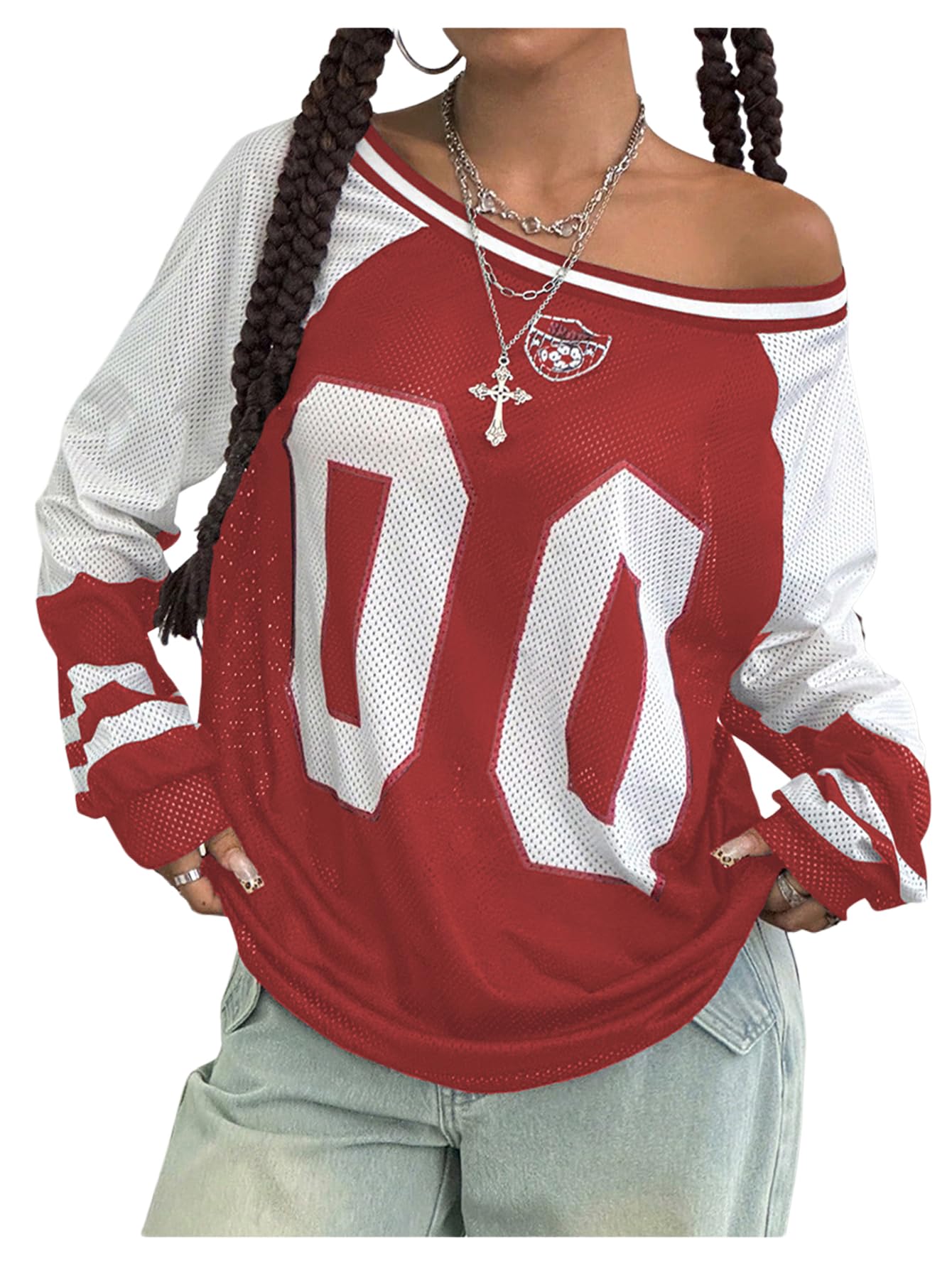 BEAUDRM Women's Y2k Mesh Jersey Shirts Sheer Graphic Tees Oversized Off The Shoulder Long Sleeve Tops Streetwear