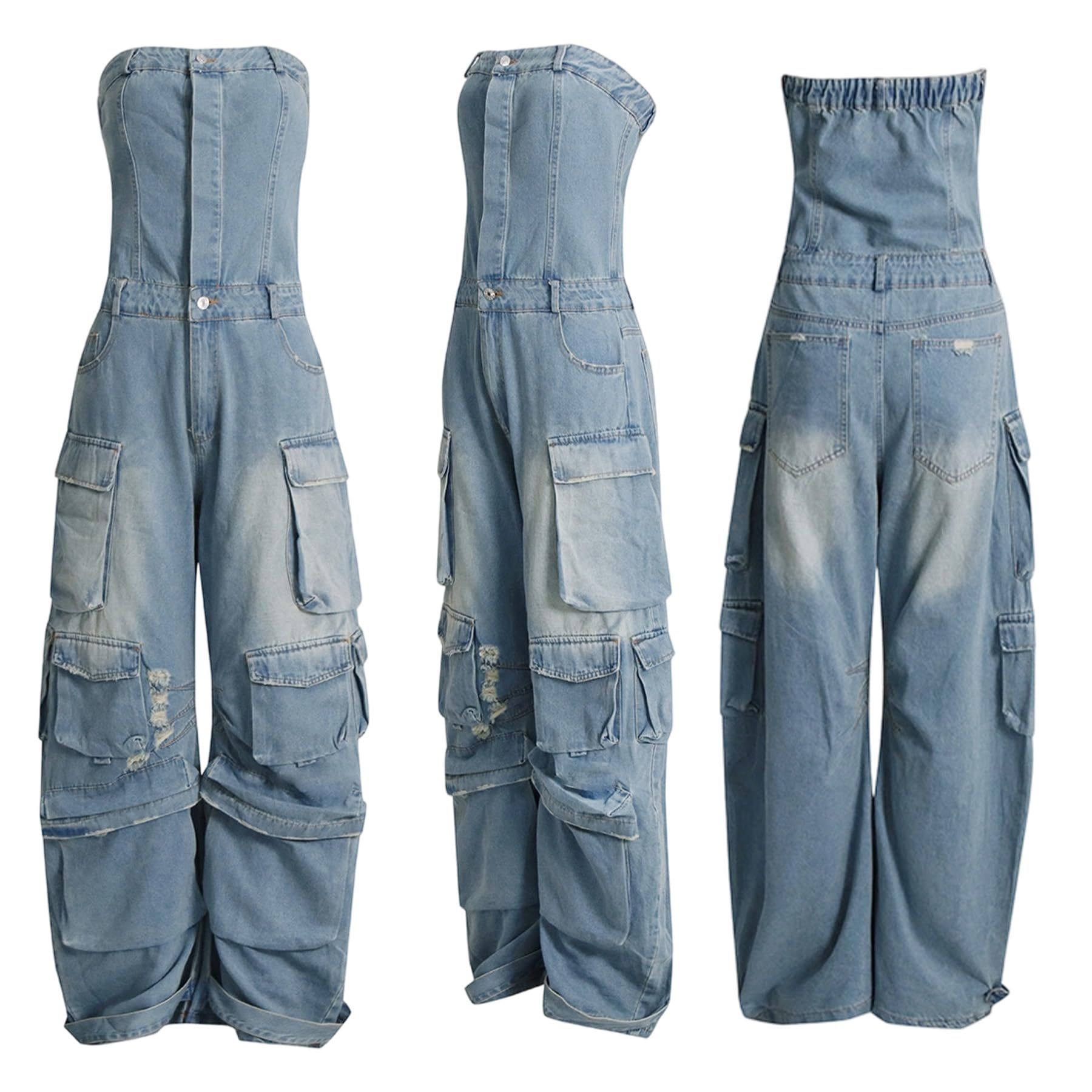 LKOUS Casual Cargo Denim Jumpsuit for Women, Elastic Stretch Multi Pockets Button Down Straight Leg Jeans Jumpsuits