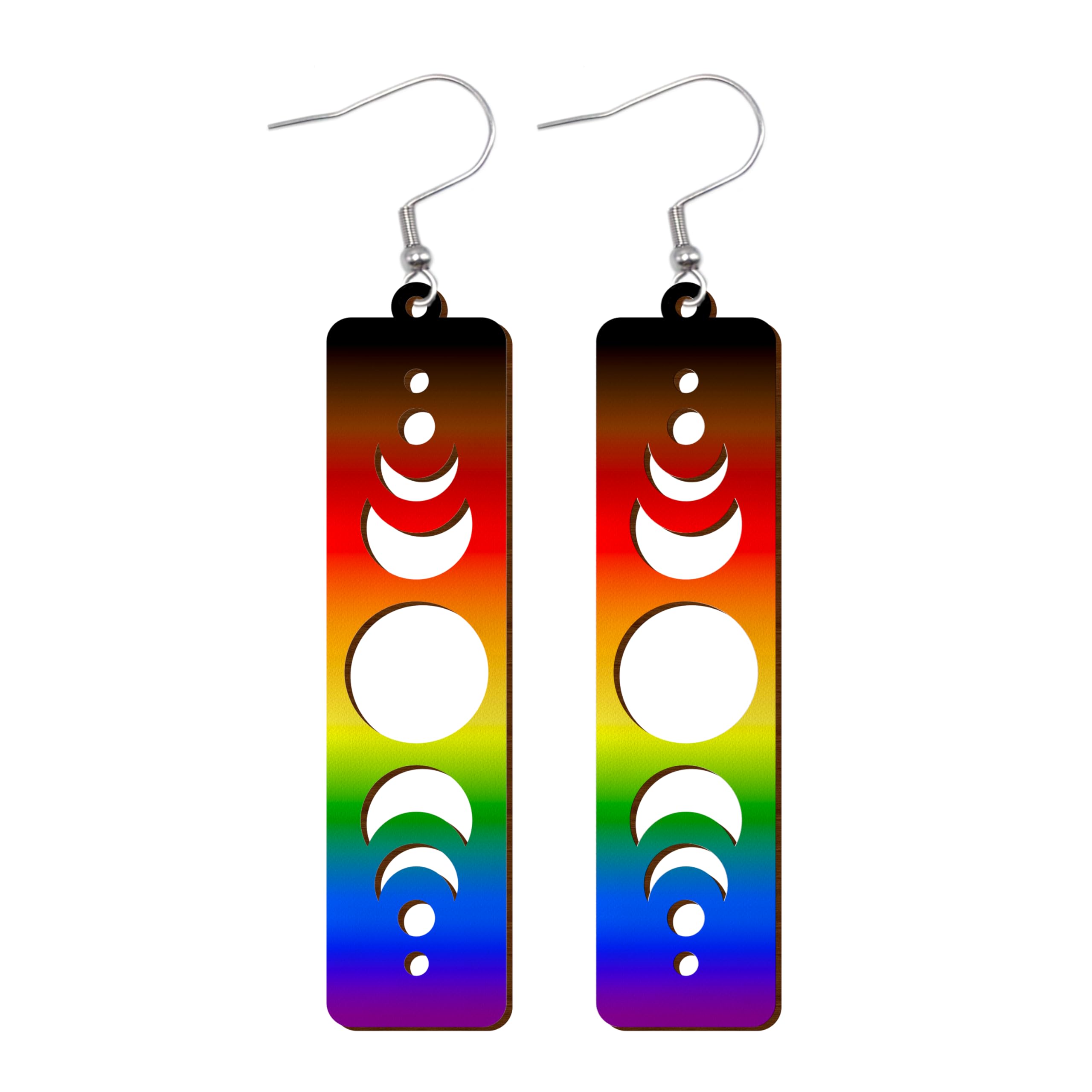 LGBTQIA+ Wooden Moon Phase Earrings, Pride Flag Dangle Earrings for LGBTQ Community, Rainbow Jewelry Gift for Gay, Lesbian, and All Identities