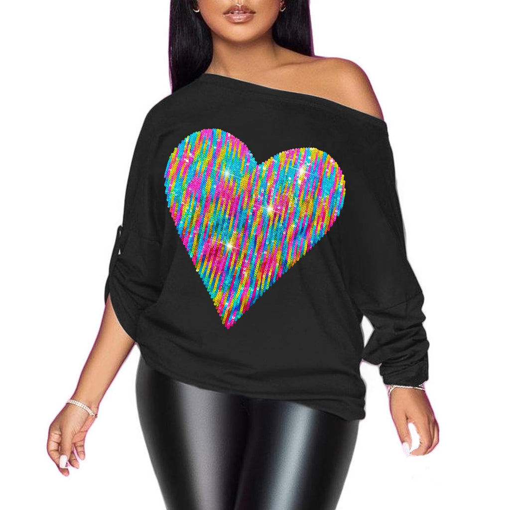 PESION Womens Off The Shoulder Tops Sexy Shiny Metallic Shirts Long Sleeves Fashion Graphic T-Shirts Blouses