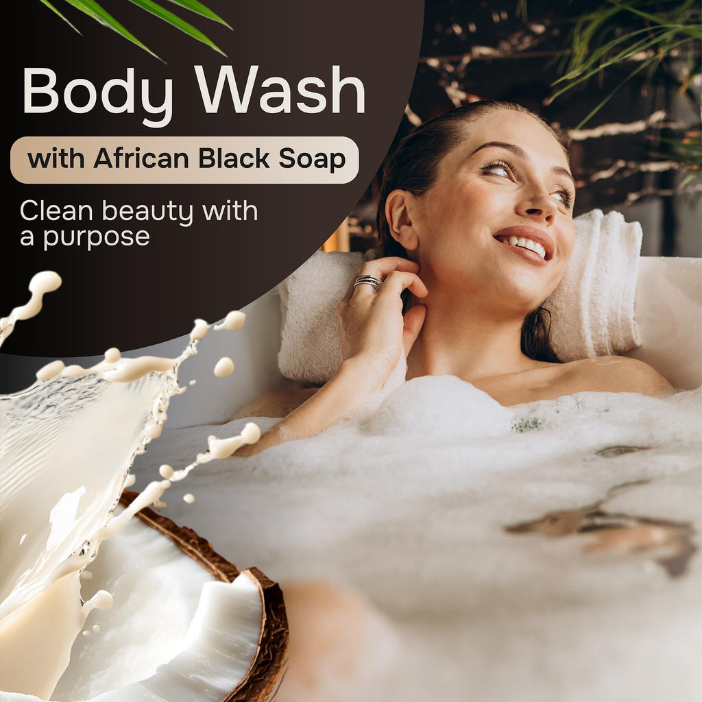 African Black Soap and Shea Butter Body Wash, Shower Gel, Promotes Acne Treatment, Contains All Natural Extracts, Vegan, and Sulfate-Free Body Scrub