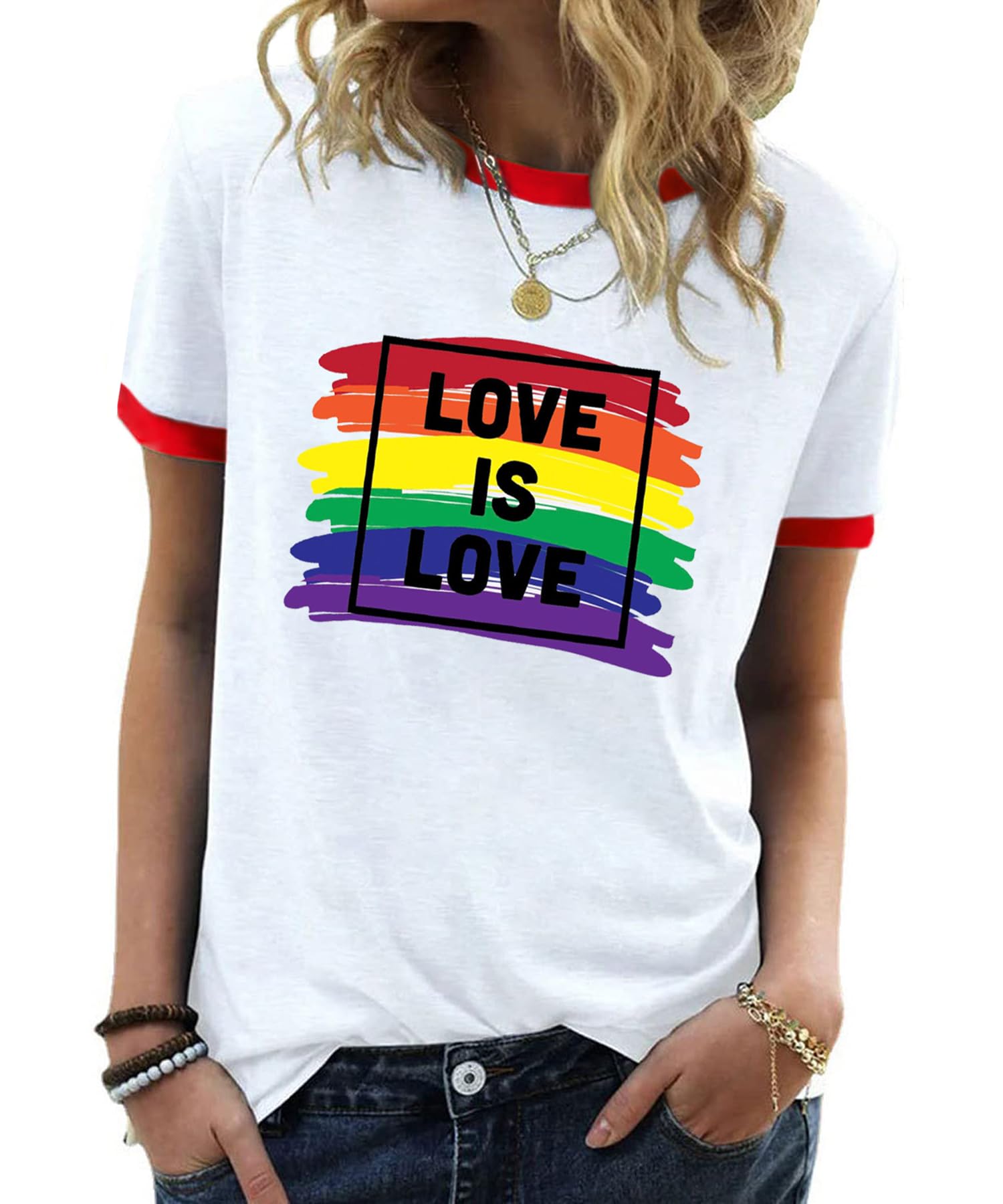 YZMI Pride Shirts for Women Pride Month Rainbow Graphic T-Shirt LGBTQ Support Red Ringer Tee