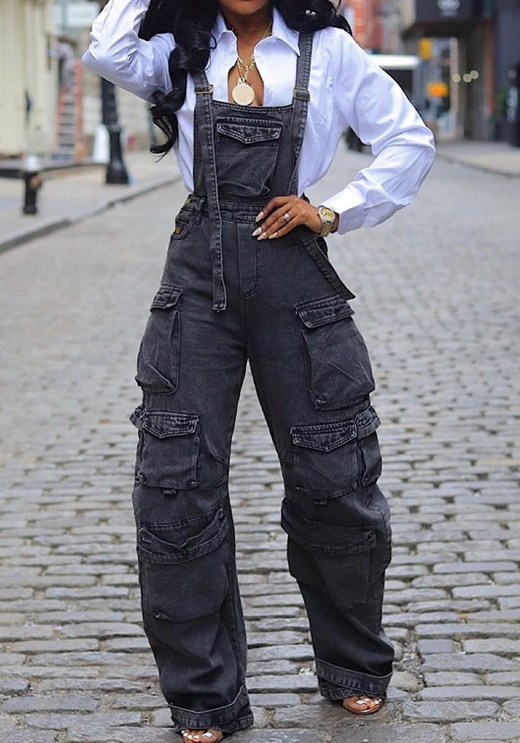 YOOTIKO Women Denim Overalls Jean Jumpsuit Cargo Pants Baggy Straight Leg Bib Jean Romper Streetwear