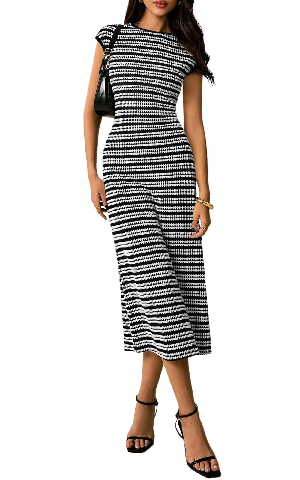 PRETTYGARDEN Women's 2026 Summer Bodycon Midi Dress Casual Striped Cap Sleeve Party Wedding Guest Dresses Vacation Outfits