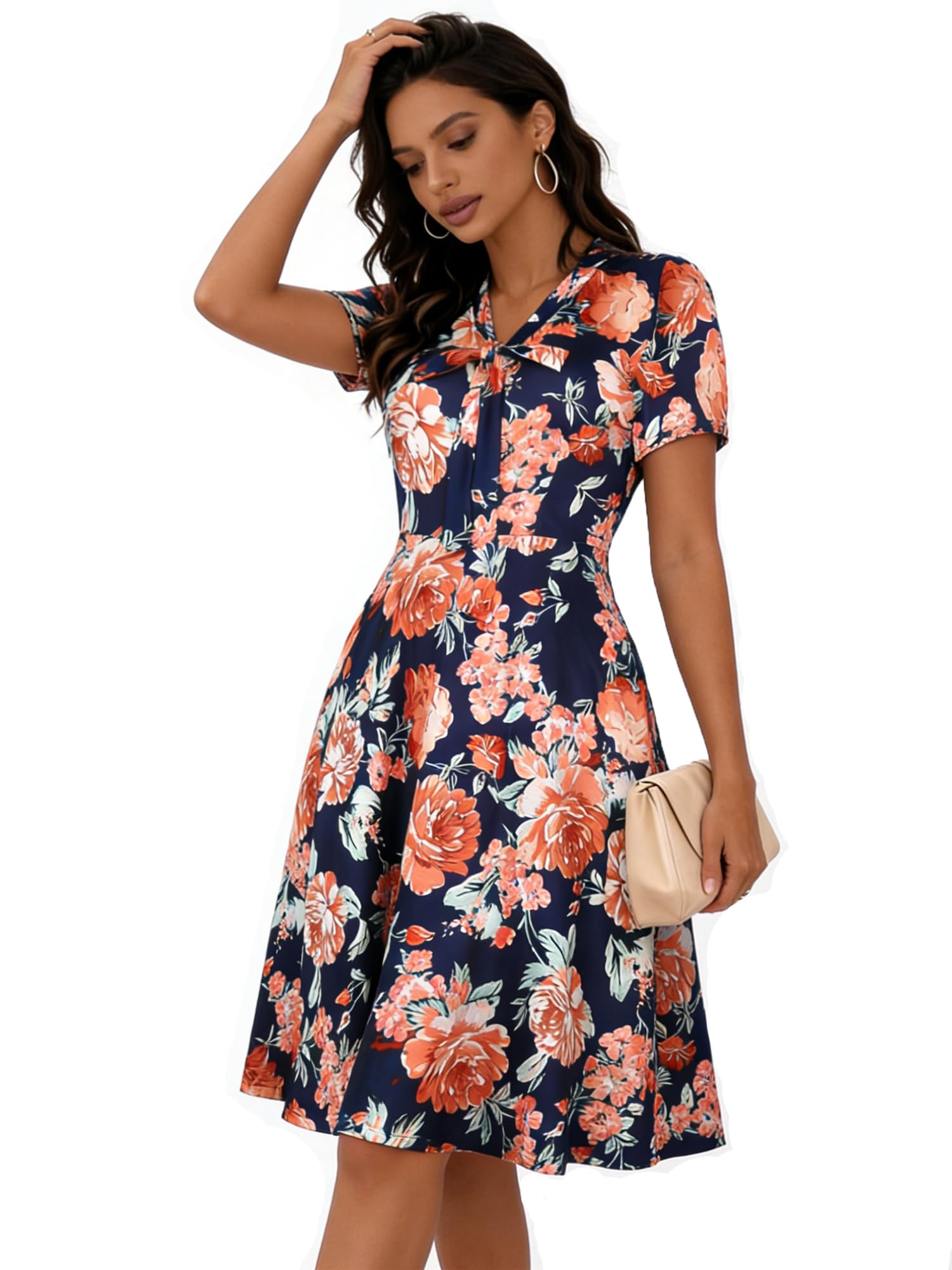 oxiuly Women's Vintage Bow Tie V-Neck Pockets Casual Work Party Cocktail Swing A-line Dresses OX278