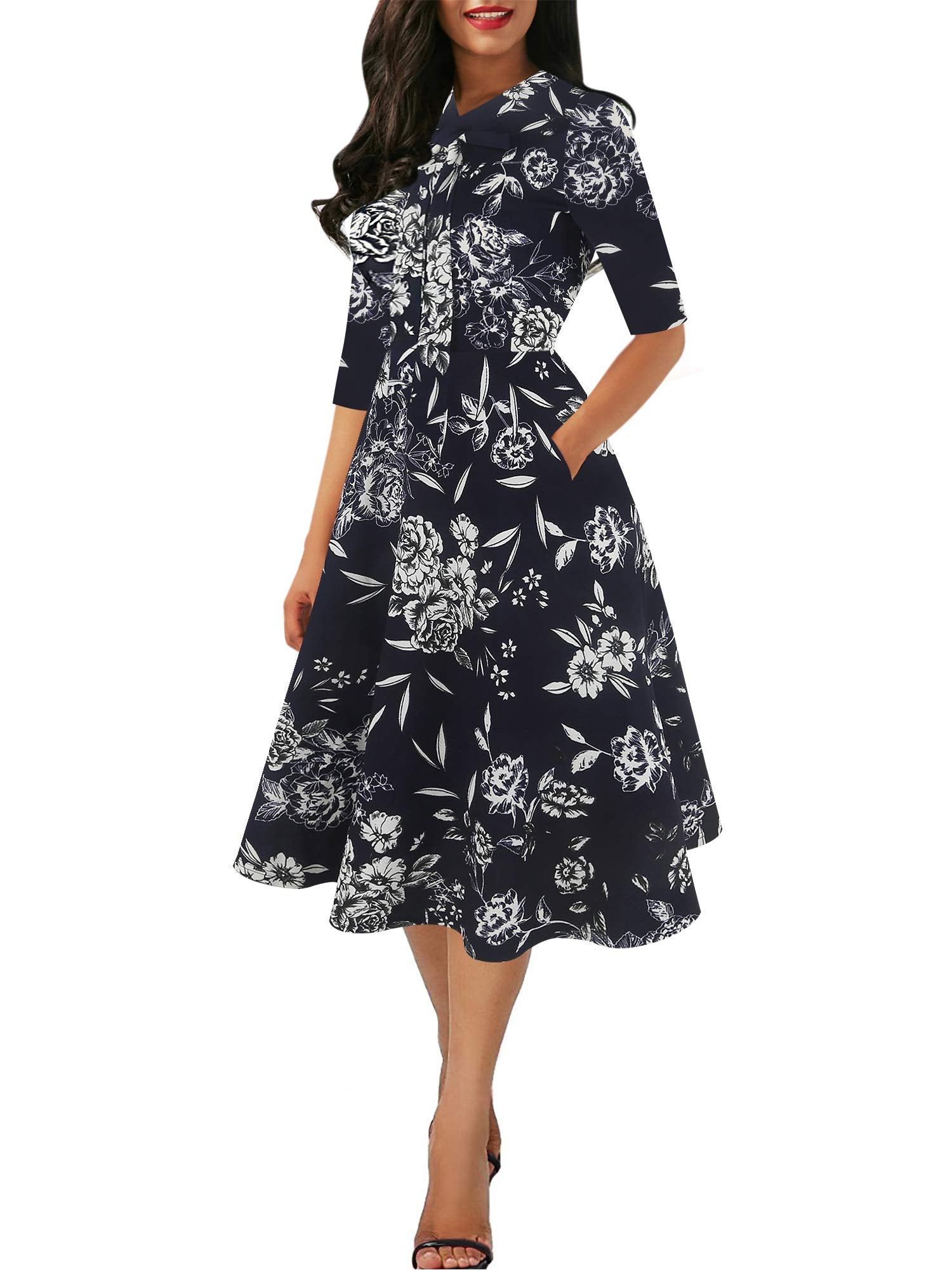 oxiuly Women's Vintage Bow Tie V-Neck Pockets Casual Work Party Cocktail Swing A-line Dresses OX278