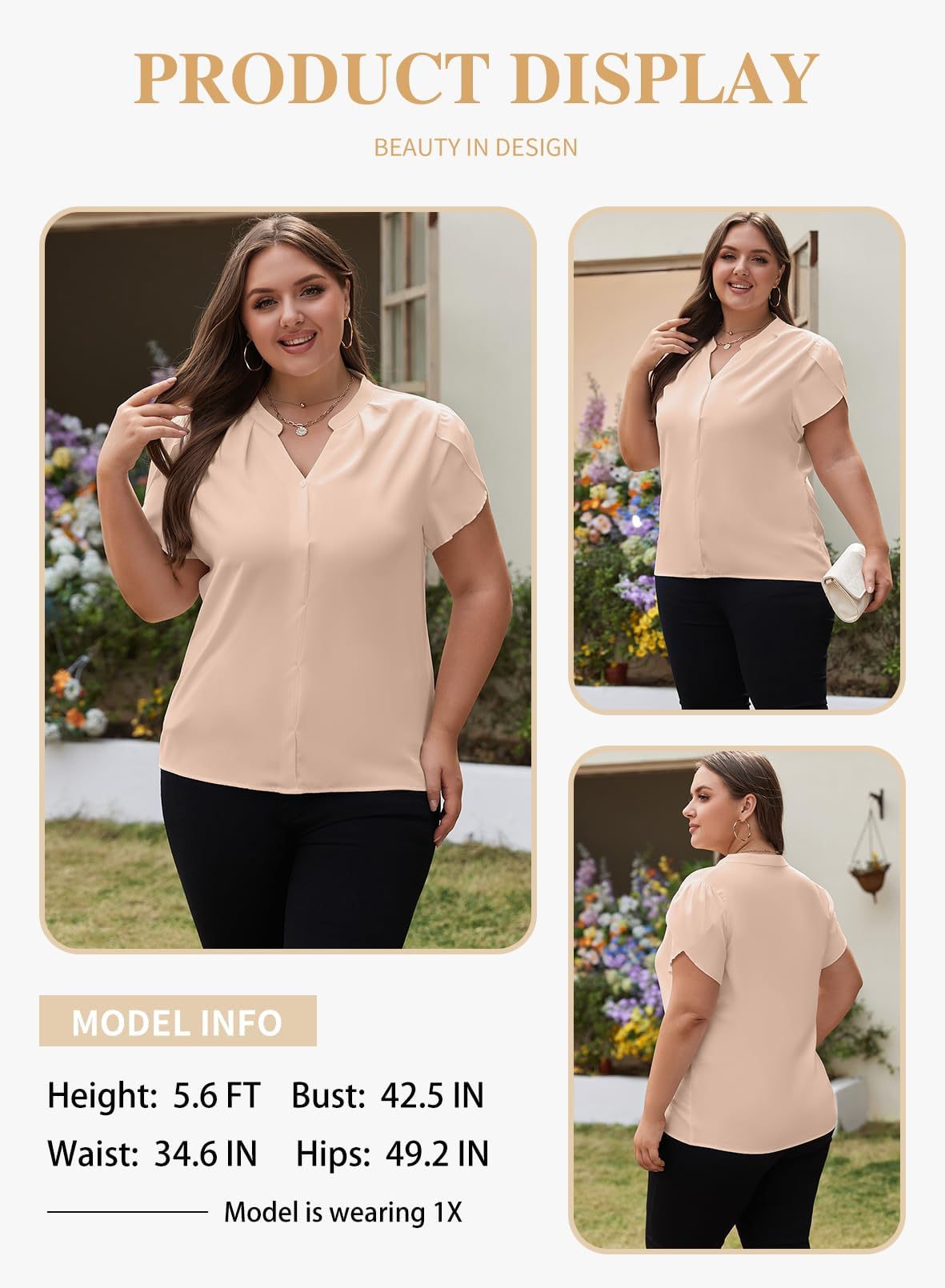 Eytino Women Plus Size Shirts Summer V Neck Petal Sleeve Business Work Dressy Blouse Tops(1X-5X)