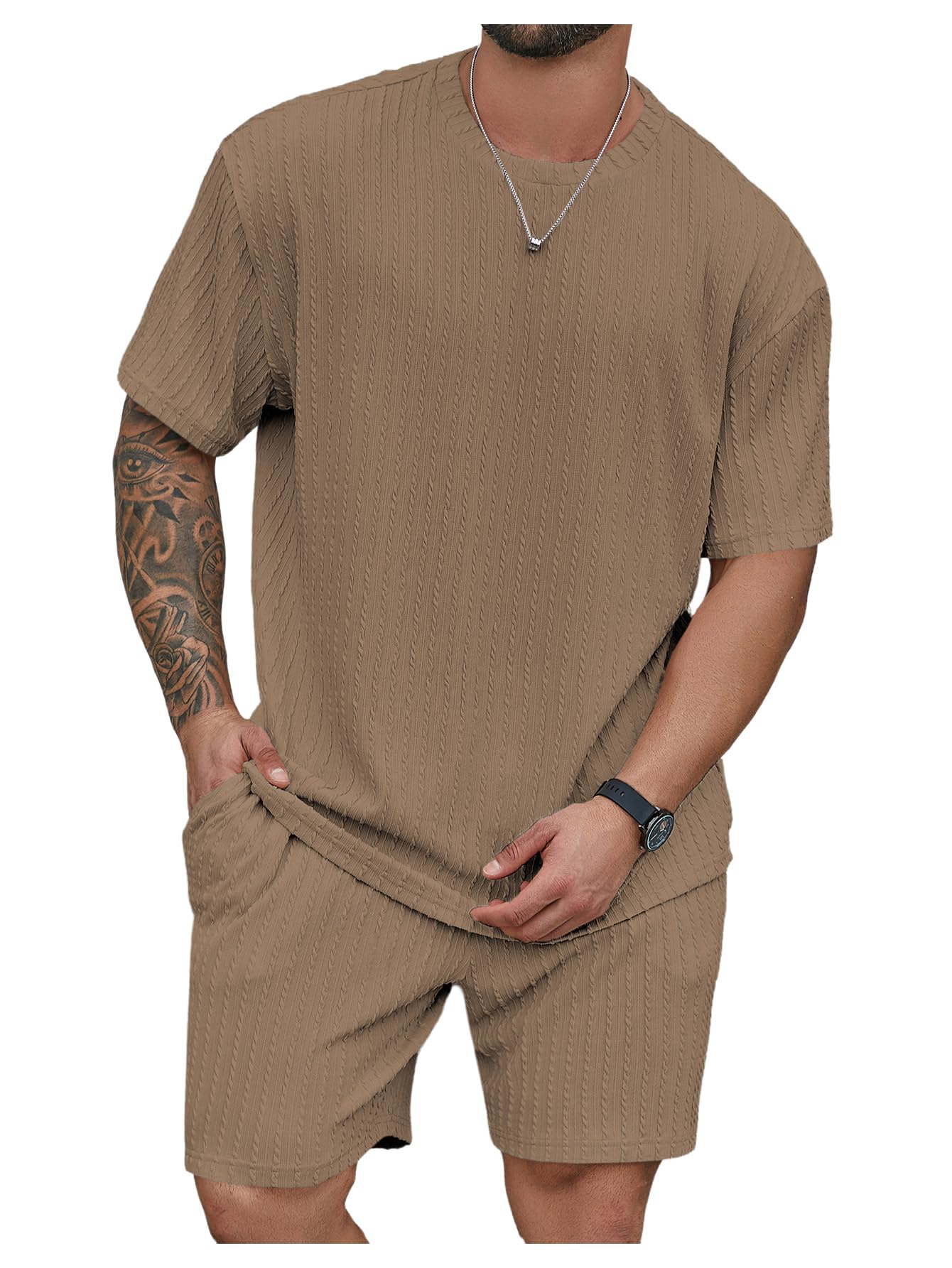 RoseSeek Men's Big and Tall 2 Piece Summer Outfits Textured Drop Shoulder T Shirt and Short Sets Tracksuit