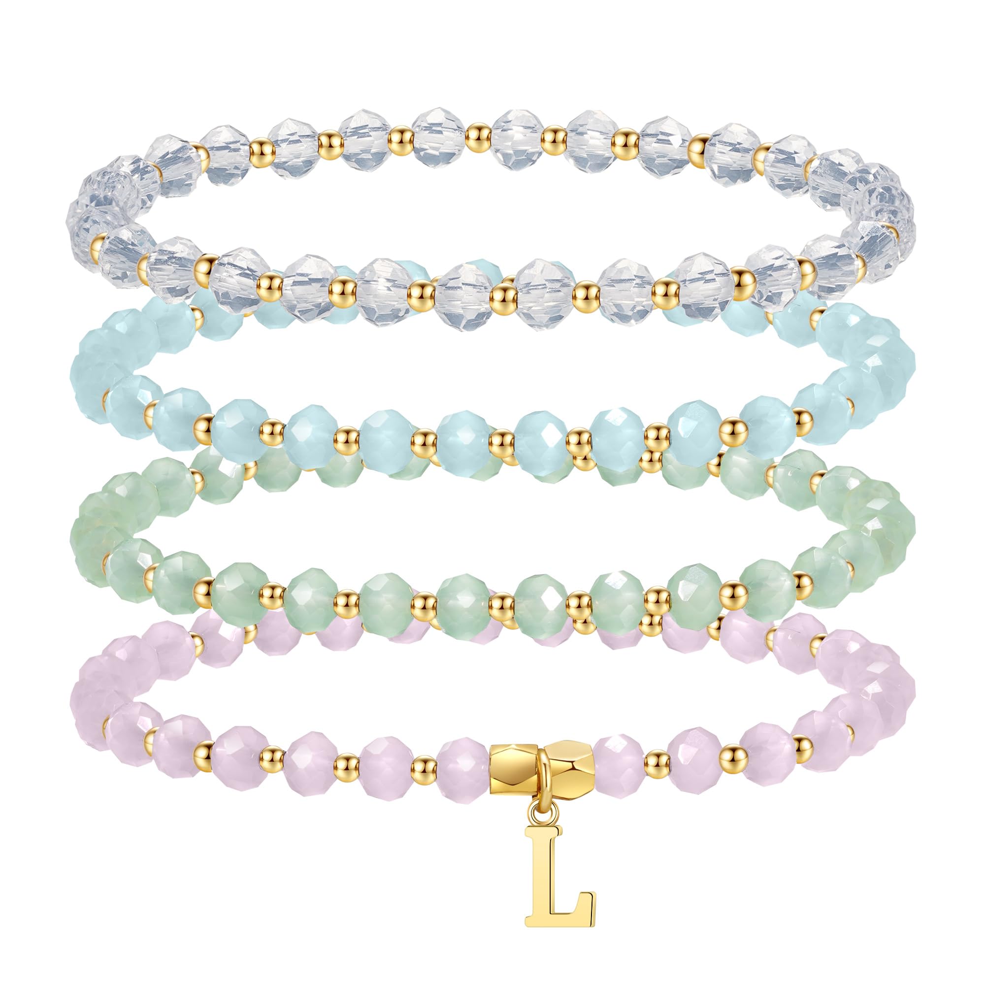IEFWELL Initial Bracelets for Women Girls - 4Pcs Crystal Bracelets Set Pink/Blue/White/Green Crystals Beaded Bracelet Stretch Bracelet Kid Jewelry Birthday Gifts for Teen Girls Kids Toddler