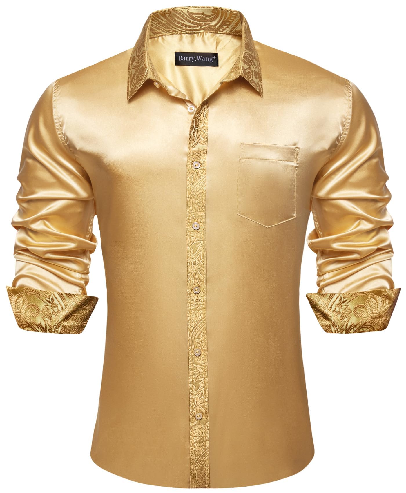 Barry.Wang Mens Satin Silk Shirts Long Sleeve Designer Dress Shirt Shiny Untucked Casual Button Down Shirt Party Disco Formal
