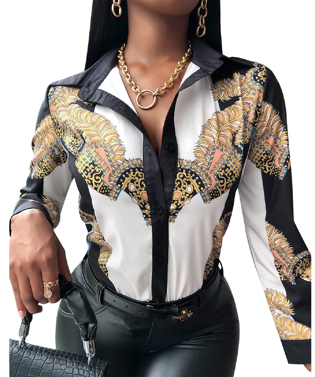 Blouses for Women Dressy Casual Colorful Long Sleeve Shirt Floral Print Tops Loose Collar Sexy T-Shirts Fashion 2023