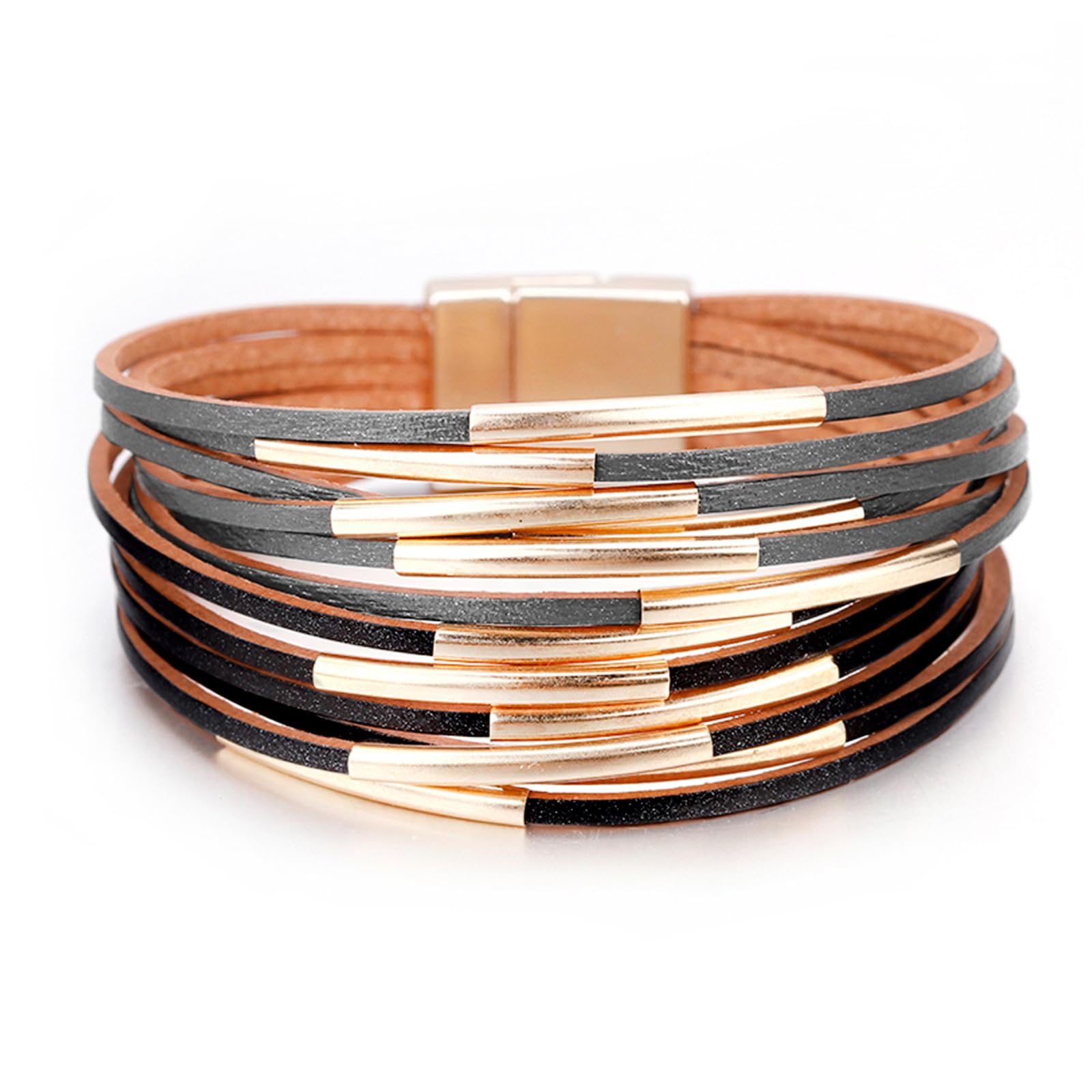 Fesciory Leather Wrap Bracelets for Women, Boho Leopard Multi-Layer Crystal Beads Cuff Bracelet Jewelry