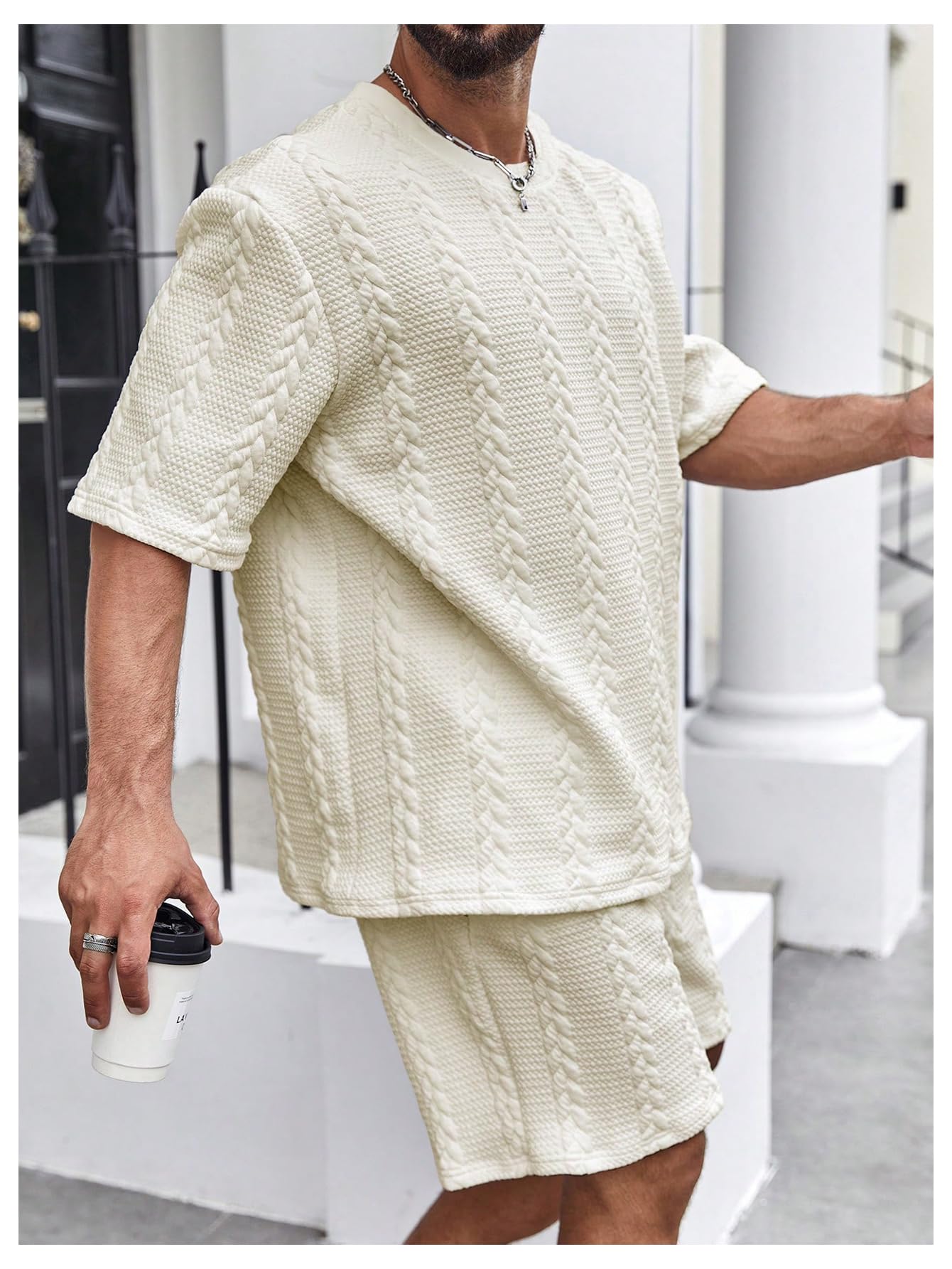 GORGLITTER Men's Big and Tall Vacation Beach Outfits Cable Knit Short Sleeve T Shirt Shorts Set