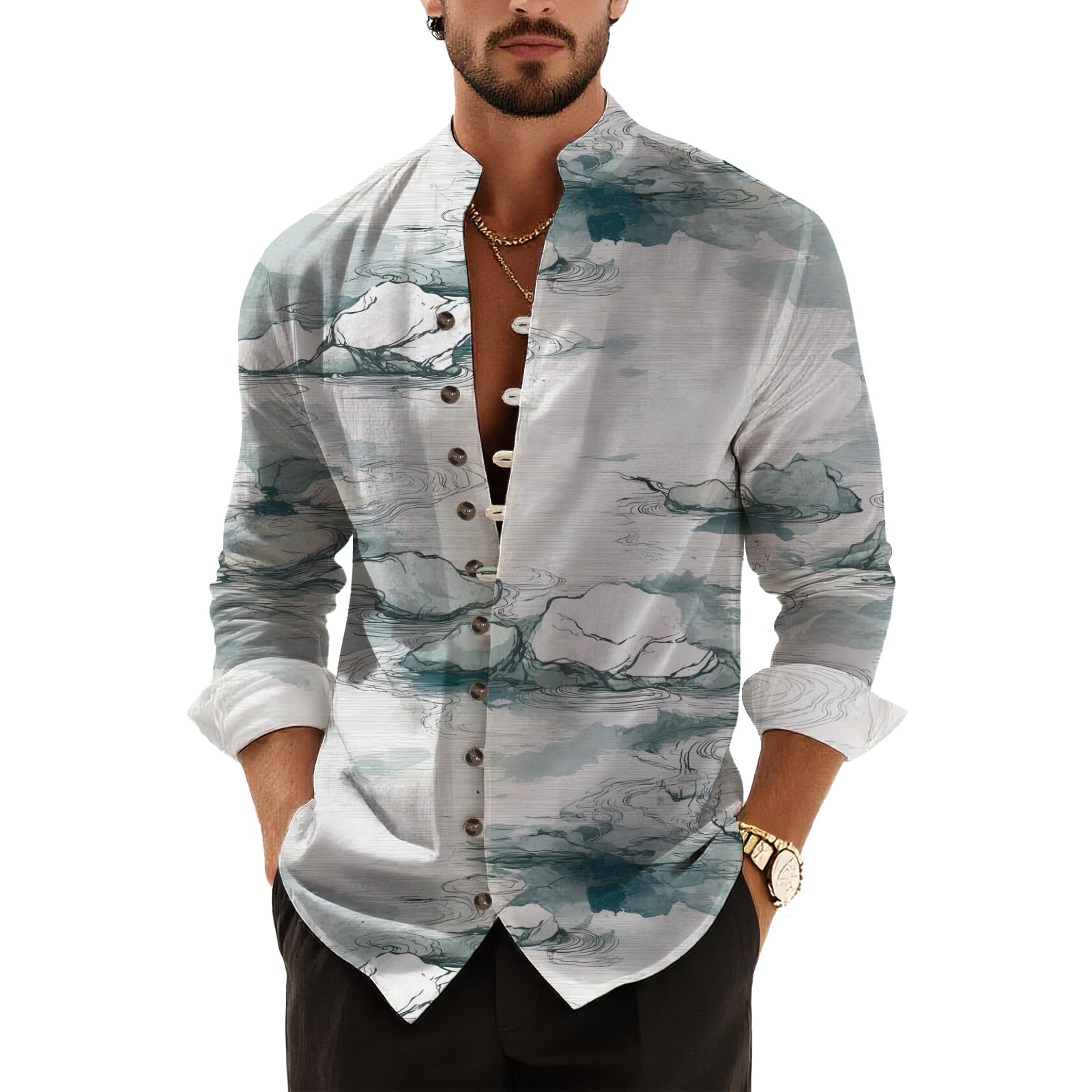 DMOYALA Men’s Hawaiian Button Down Shirts 2025 Fall Casual Long Sleeve Shirts Baggy Henley Neck Beach Vacation Outfits