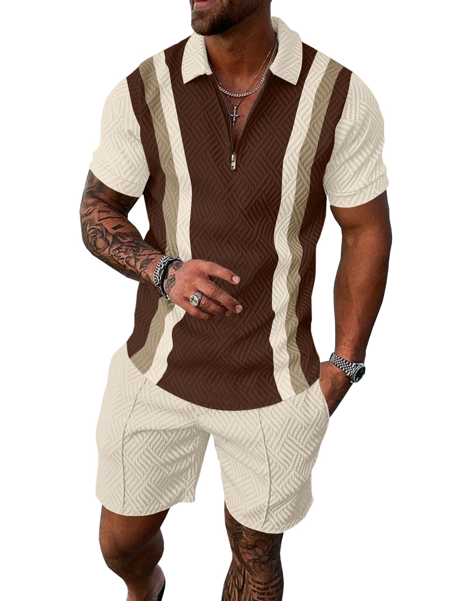 UOUA Mens Summer Track Suits 2 Piece Shorts Sets Short Sleeve Sweatsuit Outfits 1/4 Zip Golf Polo Splicing Striped Shirts