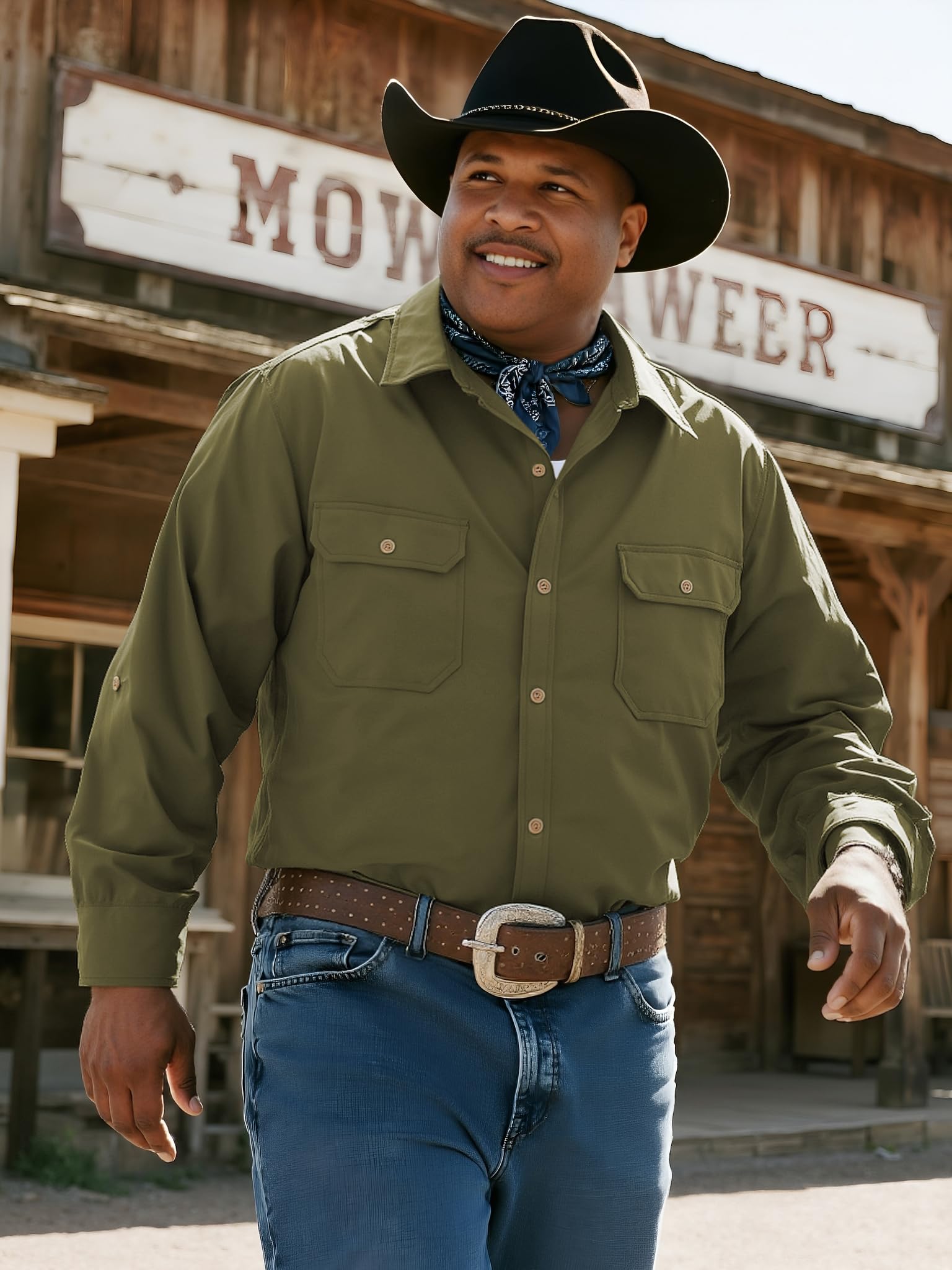 Big and Tall Shirts for Men,Button Down Work Shirt with Roll-Up Sleeves and Utility Pockets,Casual Outdoor Western Fit