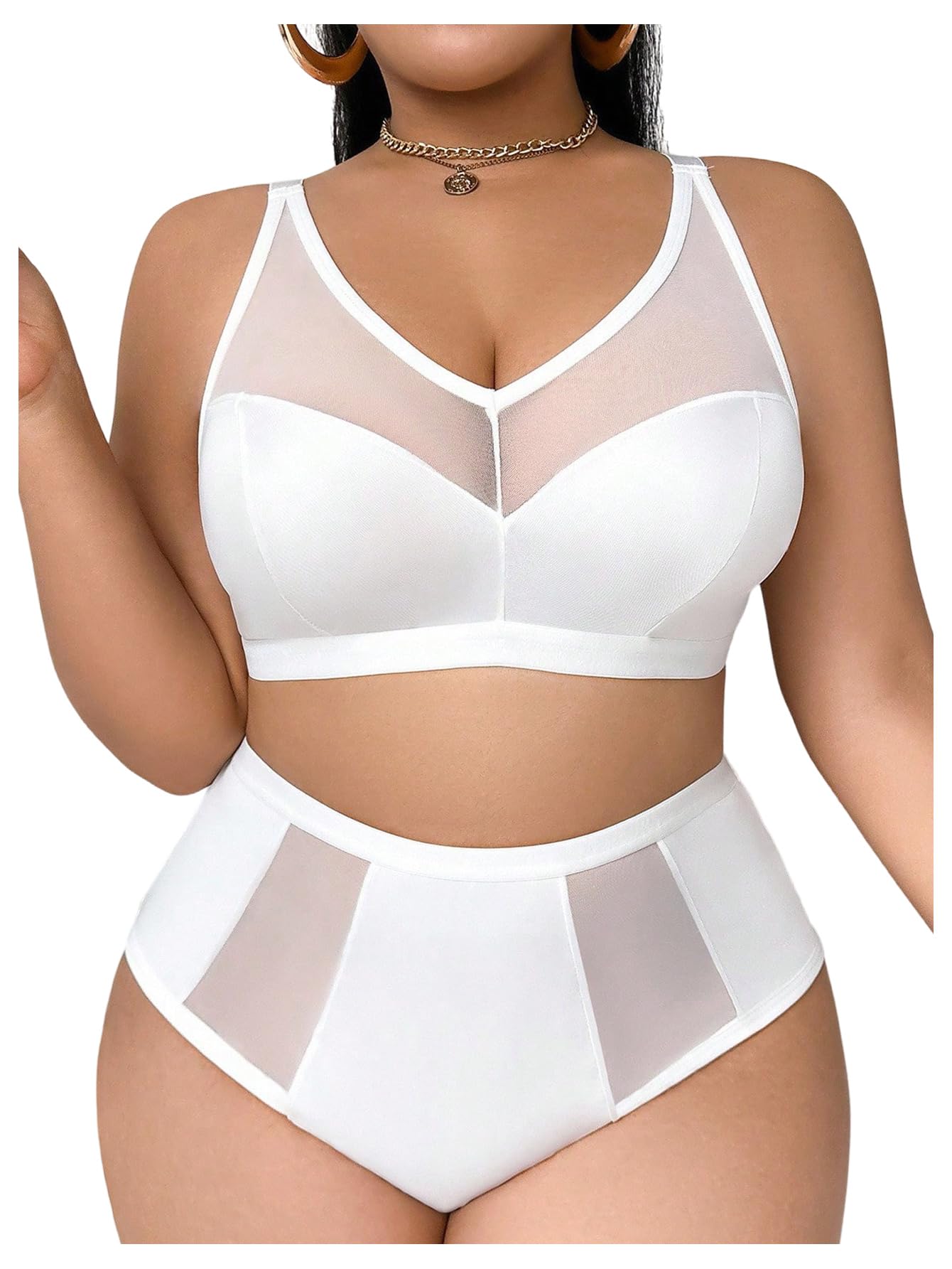 OYOANGLE Women Plus Size 2 Piece Lingerie Sexy Mesh Bralette and High Waist Panty Set Underwear