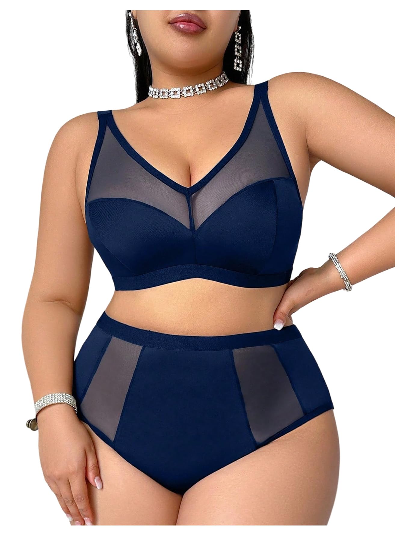 OYOANGLE Women Plus Size 2 Piece Lingerie Sexy Mesh Bralette and High Waist Panty Set Underwear