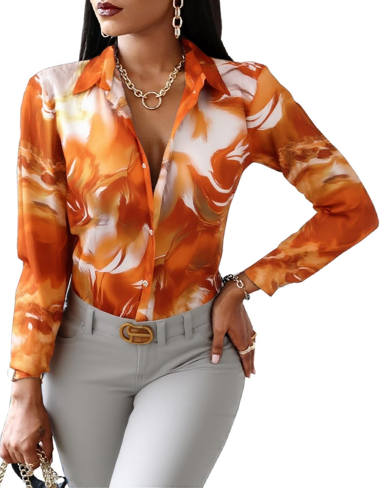 Blouses for Women Dressy Casual Colorful Long Sleeve Shirt Floral Print Tops Loose Collar Sexy T-Shirts Fashion 2023