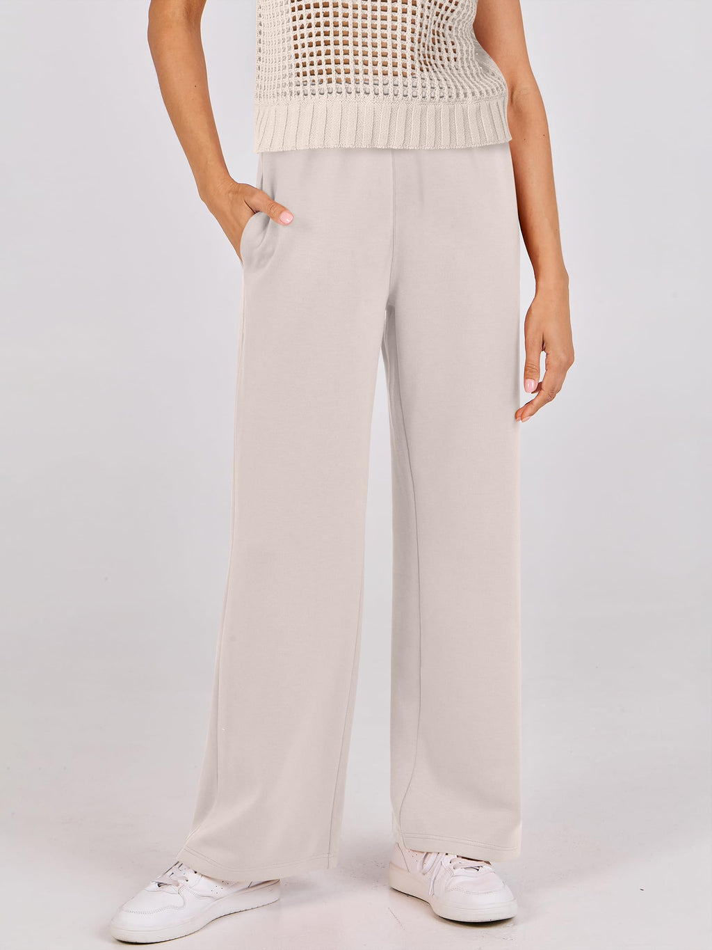 ANRABESS Women Two Piece Outfits Crochet Sheer Knit Sweater Top Wide Leg Pants Lounge Matching Sets Sweatsuit Travel Clothes