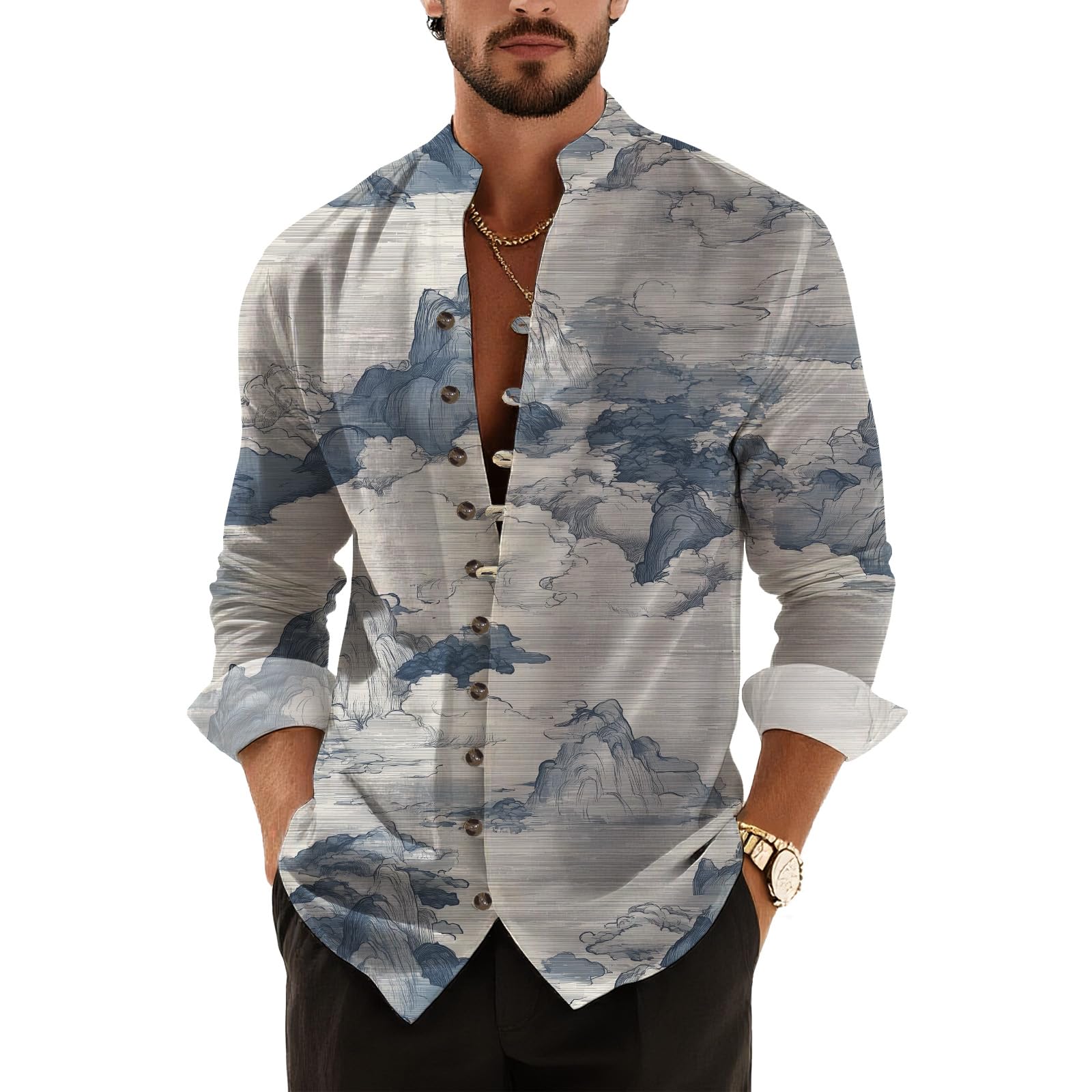 DMOYALA Men’s Hawaiian Button Down Shirts 2025 Fall Casual Long Sleeve Shirts Baggy Henley Neck Beach Vacation Outfits
